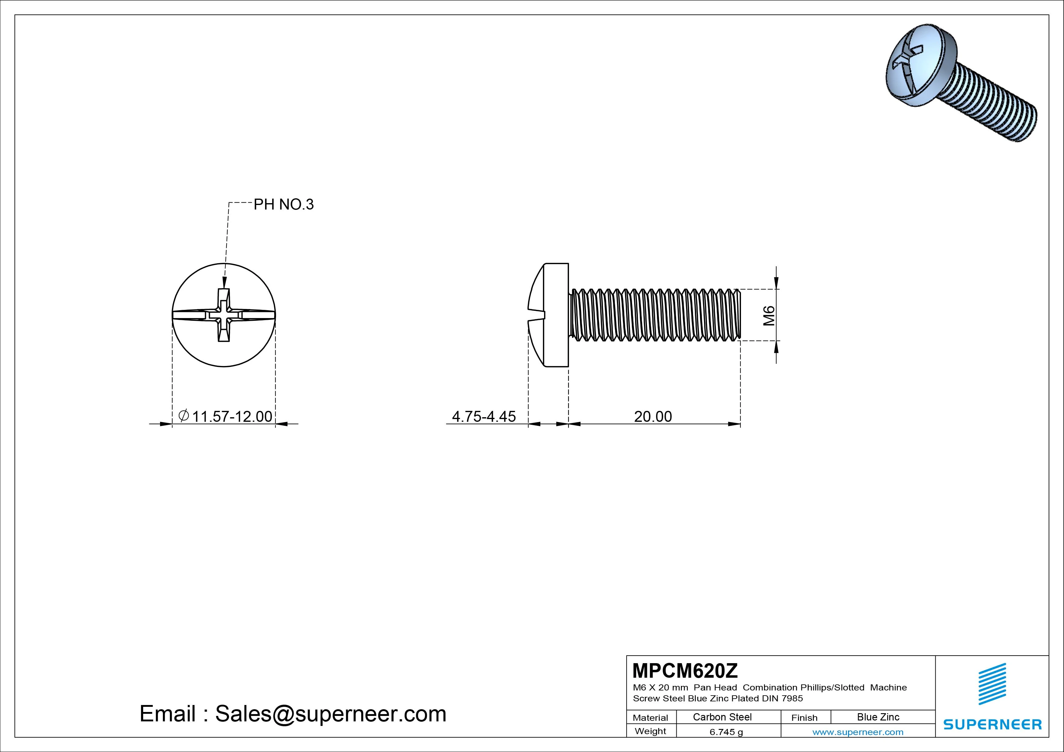 M6 x 20 mm Pan Head  Combination Phillips/Slotted Machine Screw Steel Blue Zinc Plated DIN 7985