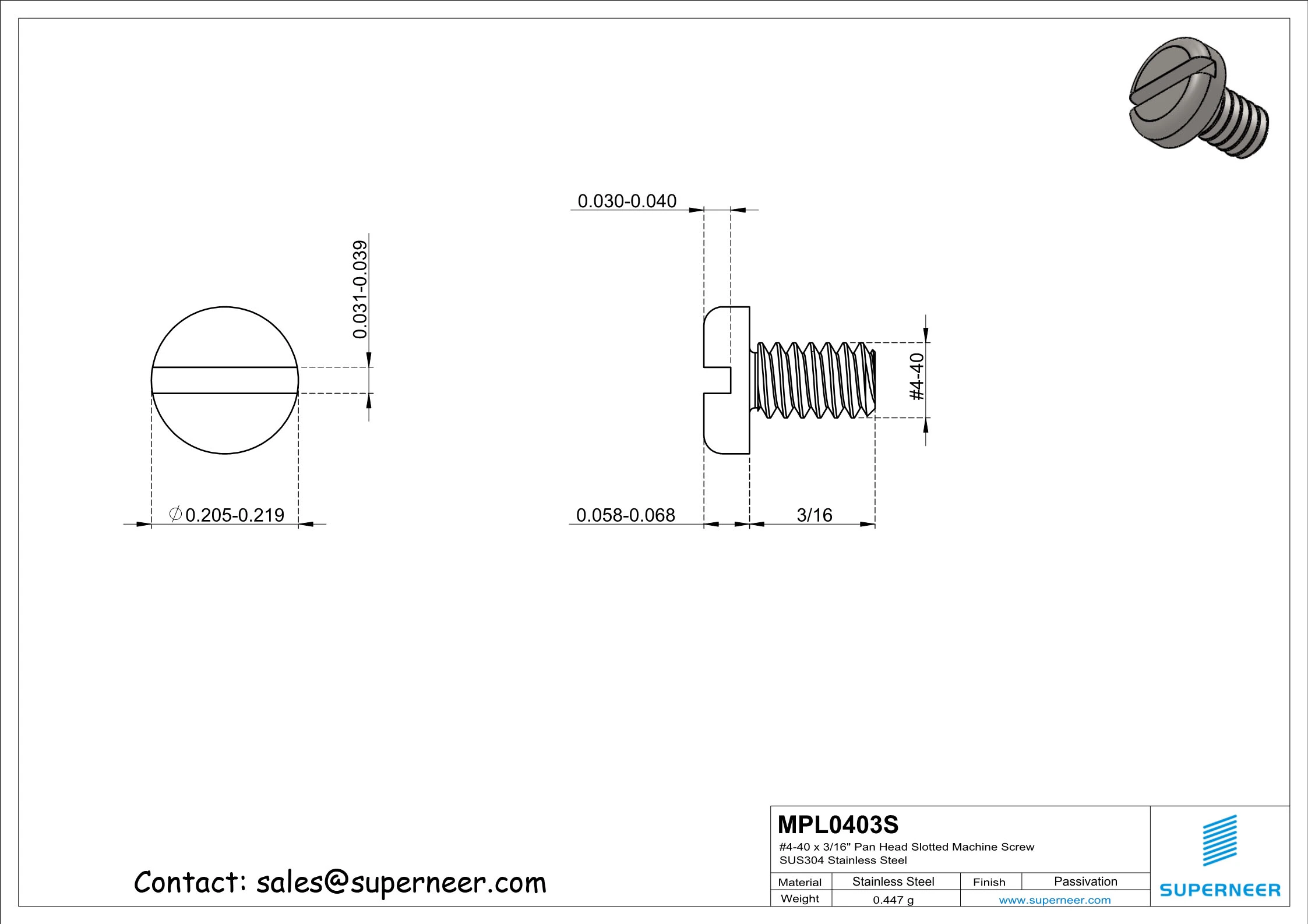 4-40 x 3/16" Pan Head Slotted Machine Screw SUS304 Stainless Steel Inox