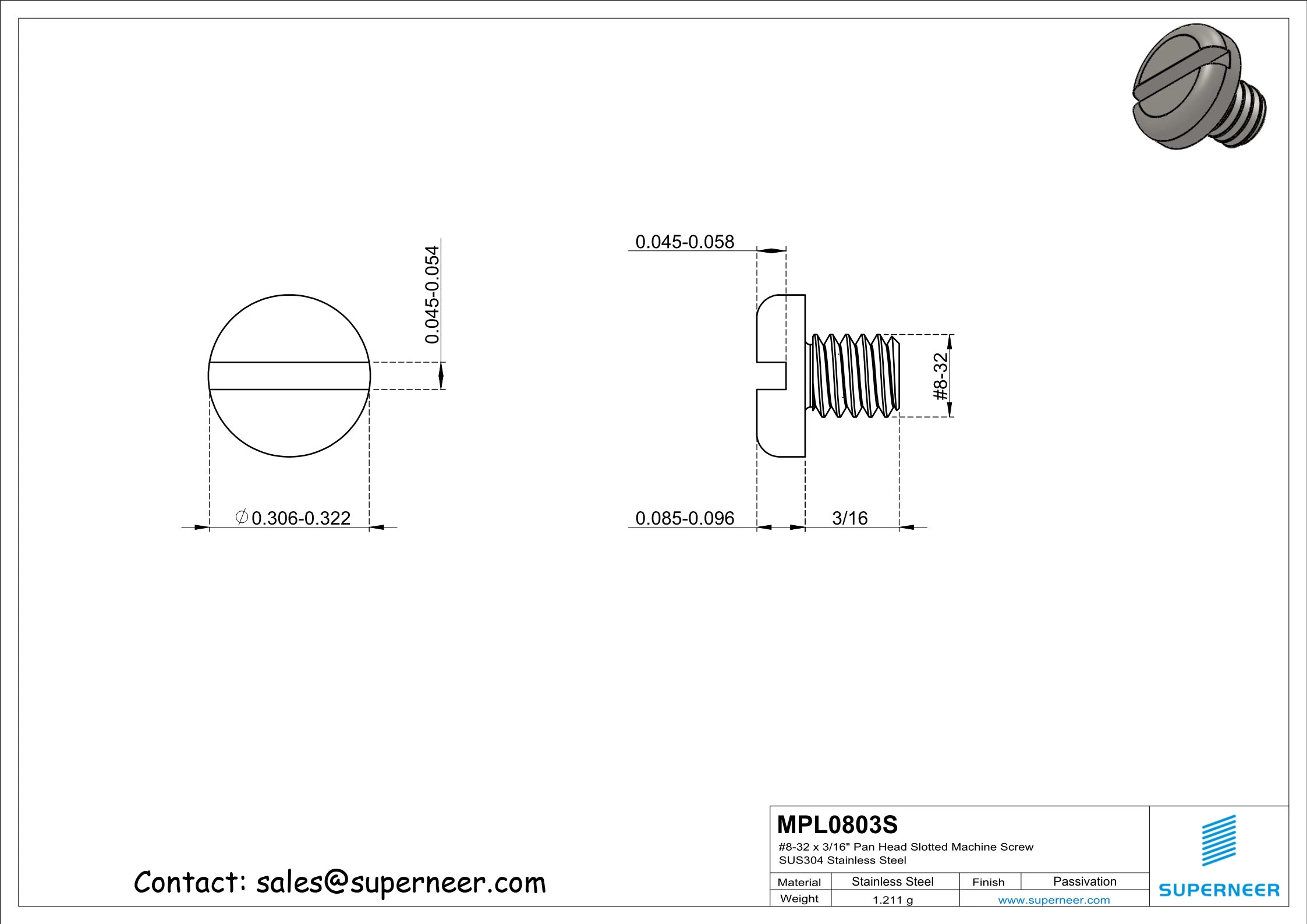8-32 x 3/16" Pan Head Slotted Machine Screw SUS304 Stainless Steel Inox