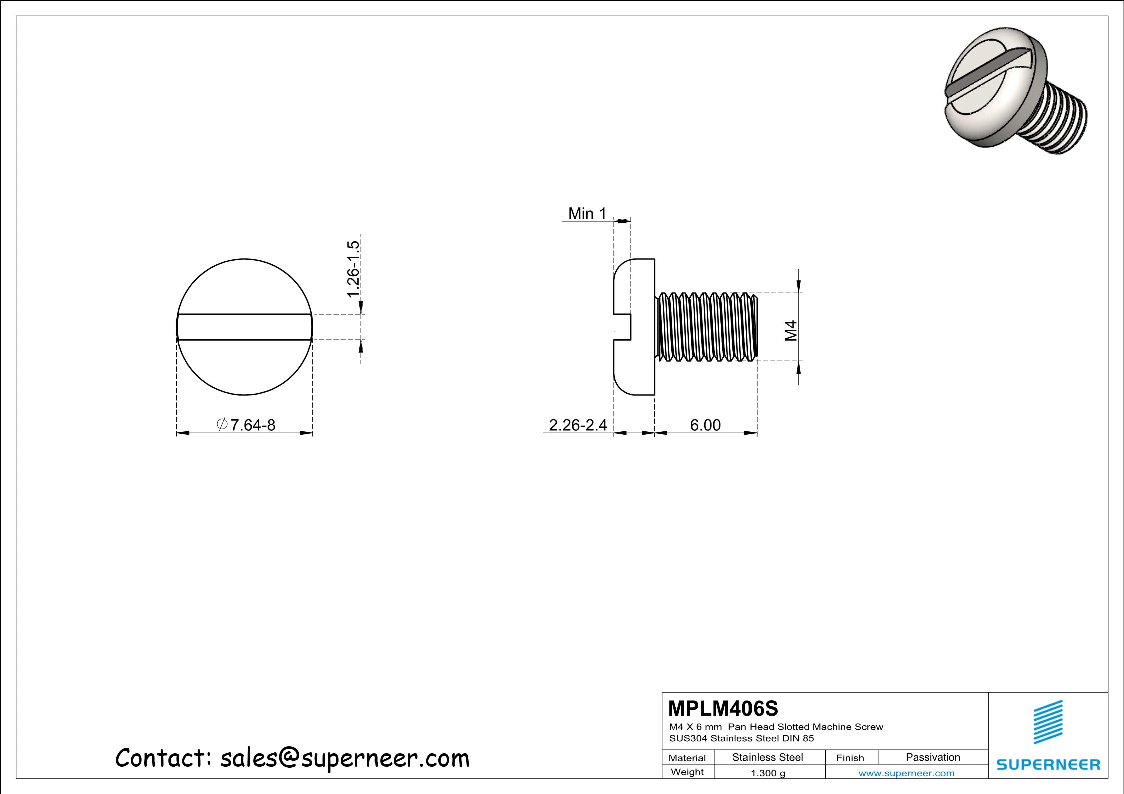 M4 x 6 mm  Pan Head Slotted Machine Screw SUS304 Stainless Steel Inox DIN 85
