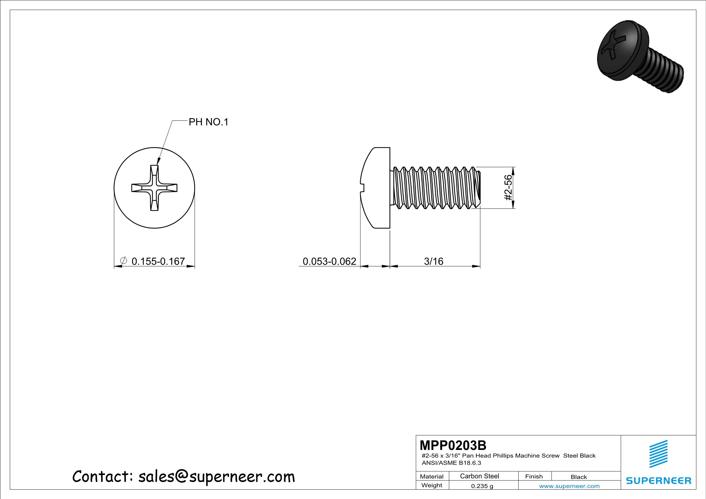 2-56 x 3/16" Pan Head Phillips Machine Screw Steel Black ANSI/ASME B18.6.3