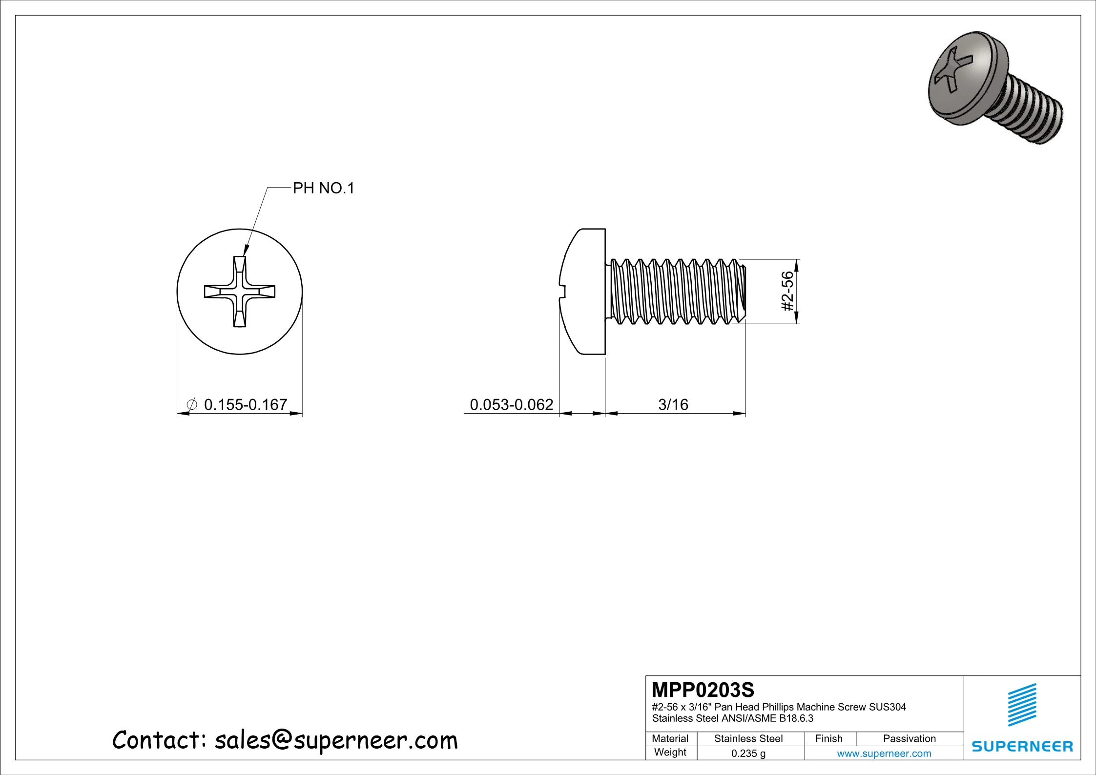 2-56 x 3/16" Pan Head Phillips Machine Screw SUS304 Stainless Steel Inox ANSI/ASME B18.6.3