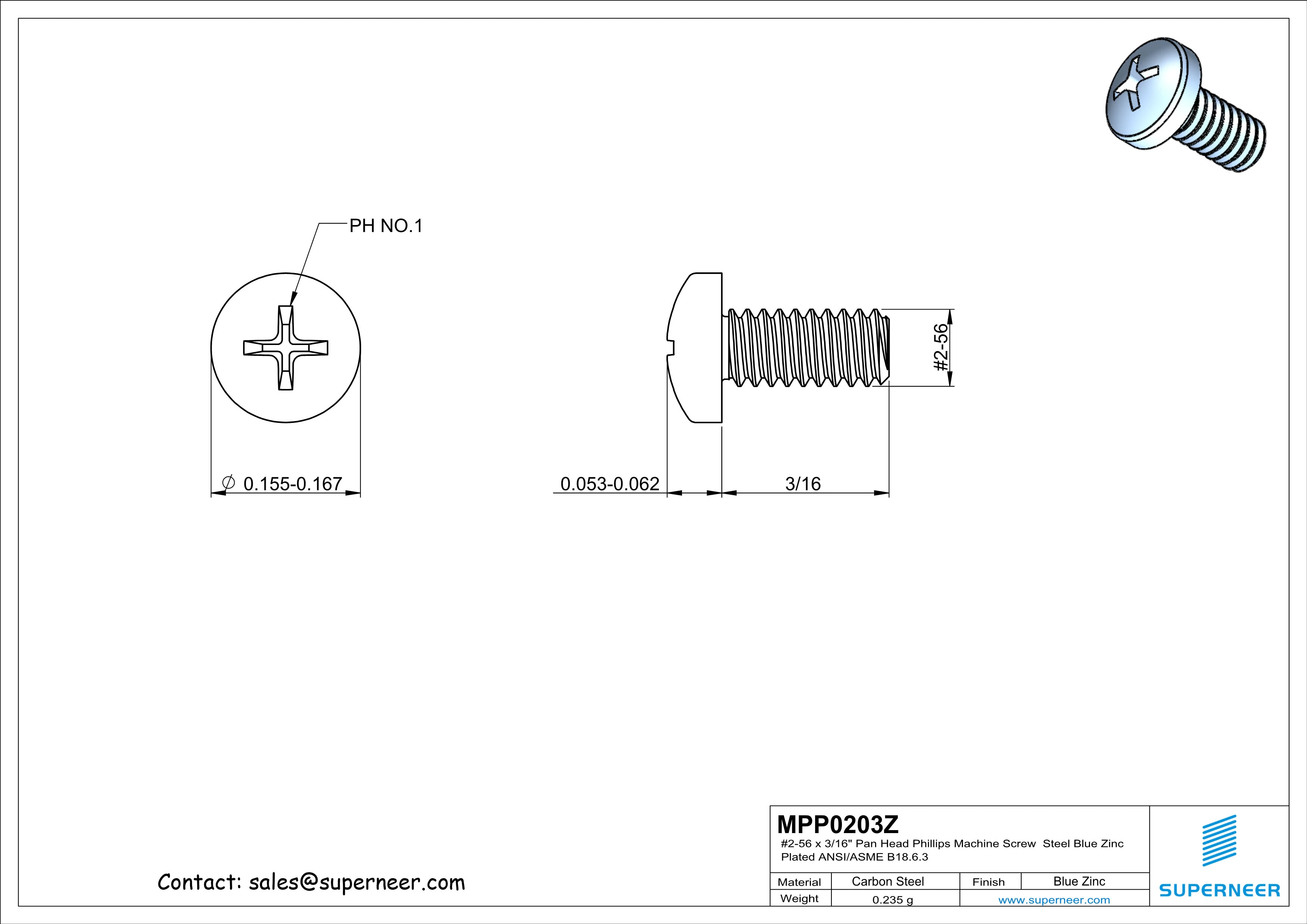 2-56 x 3/16" Pan Head Phillips Machine Screw Steel Blue Zinc Plated ANSI/ASME B18.6.3