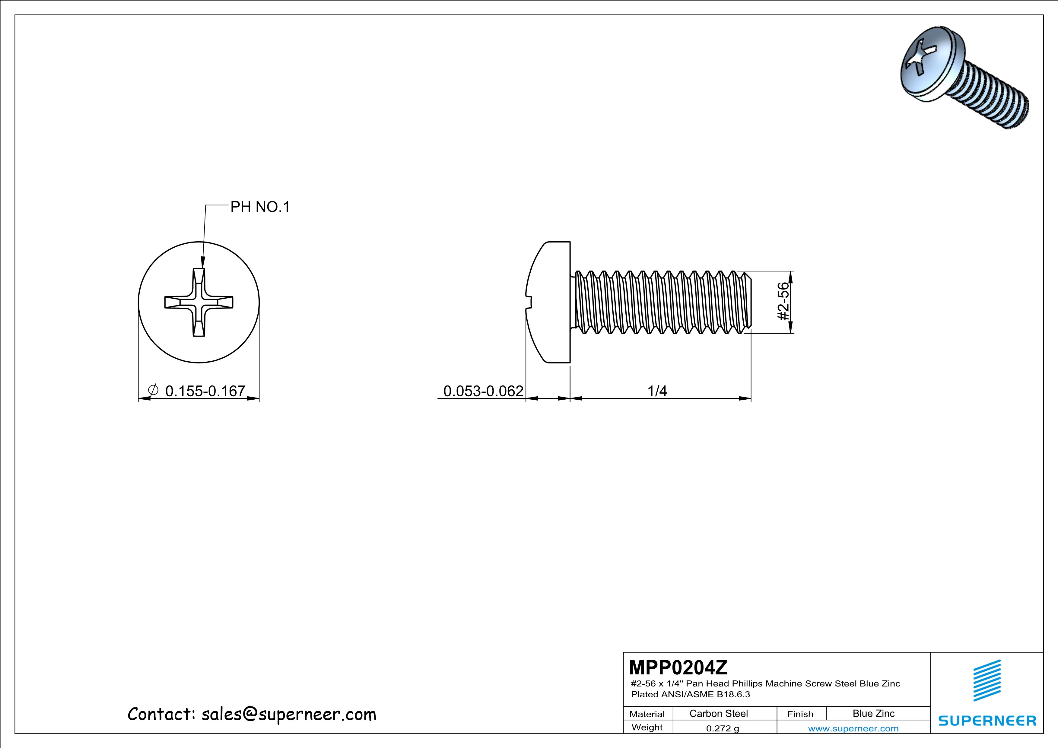 2-56 x 1/4" Pan Head Phillips Machine Screw Steel Blue Zinc Plated ANSI/ASME B18.6.3