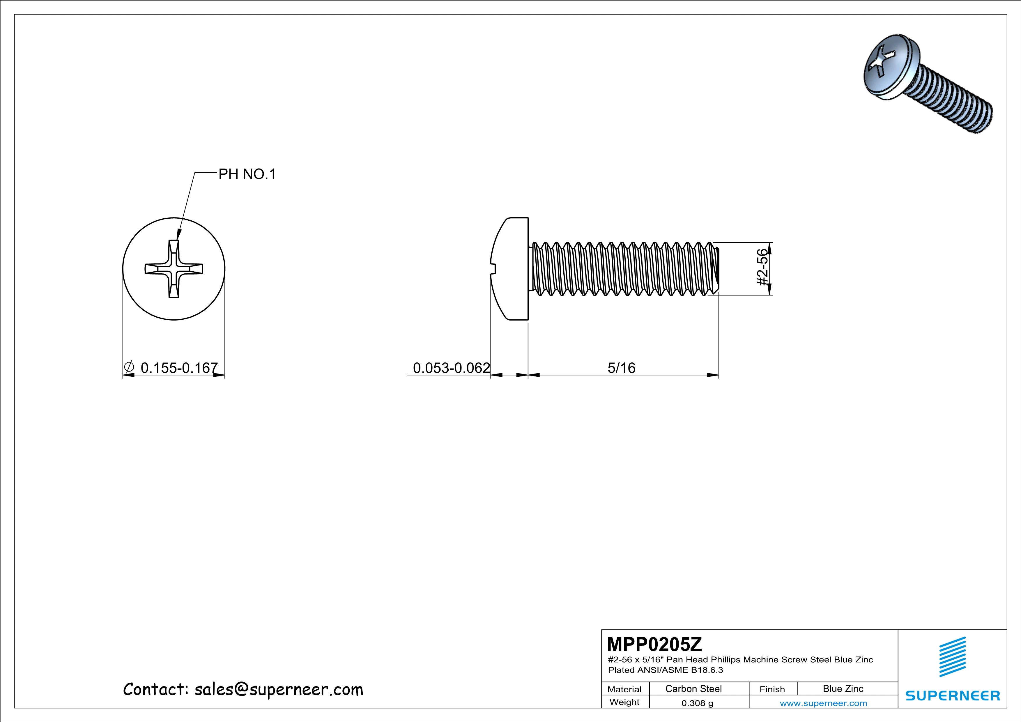 2-56 x 5/16" Pan Head Phillips Machine Screw Steel Blue Zinc Plated ANSI/ASME B18.6.3