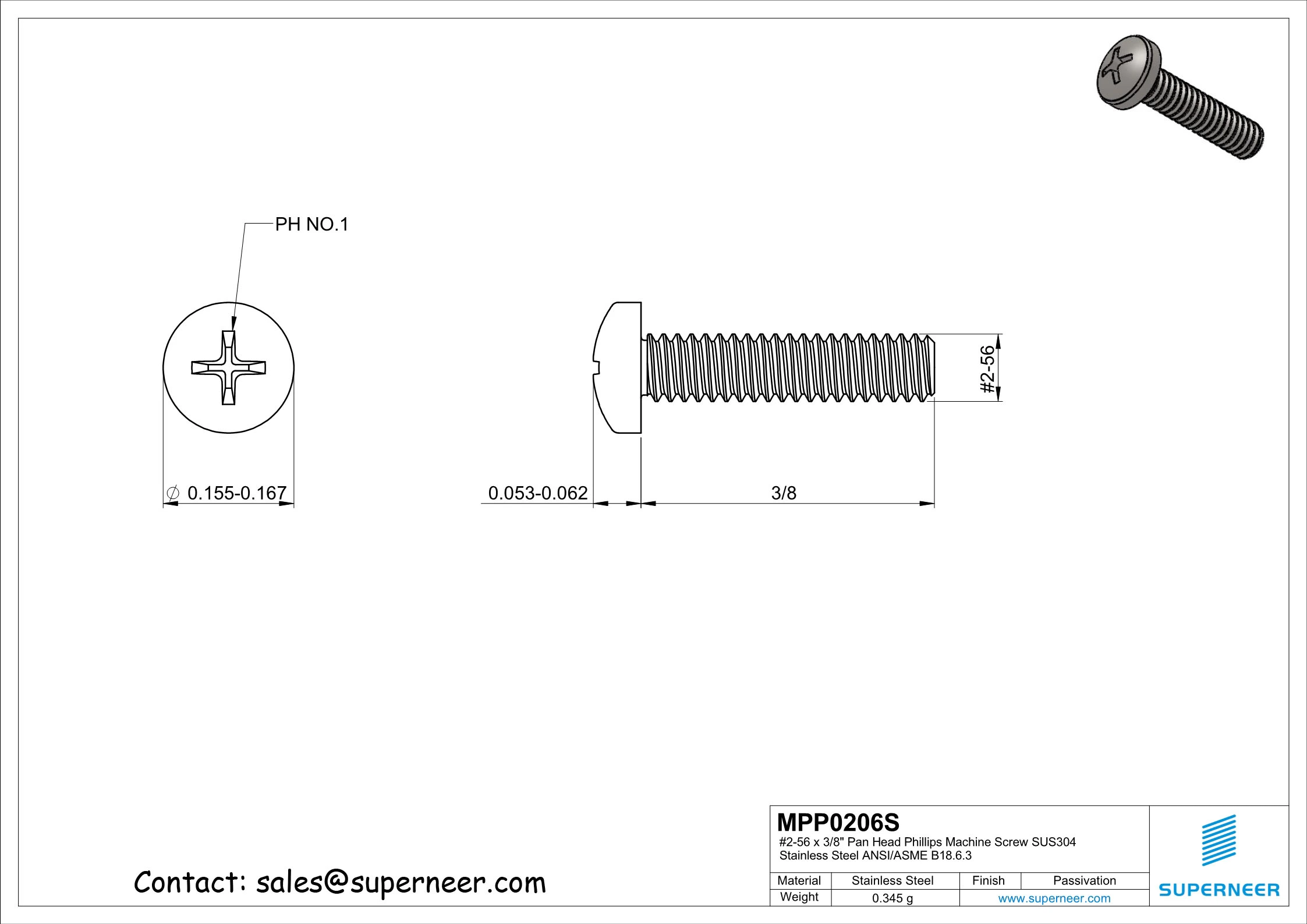 2-56 x 3/8" Pan Head Phillips Machine Screw SUS304 Stainless Steel Inox ANSI/ASME B18.6.3