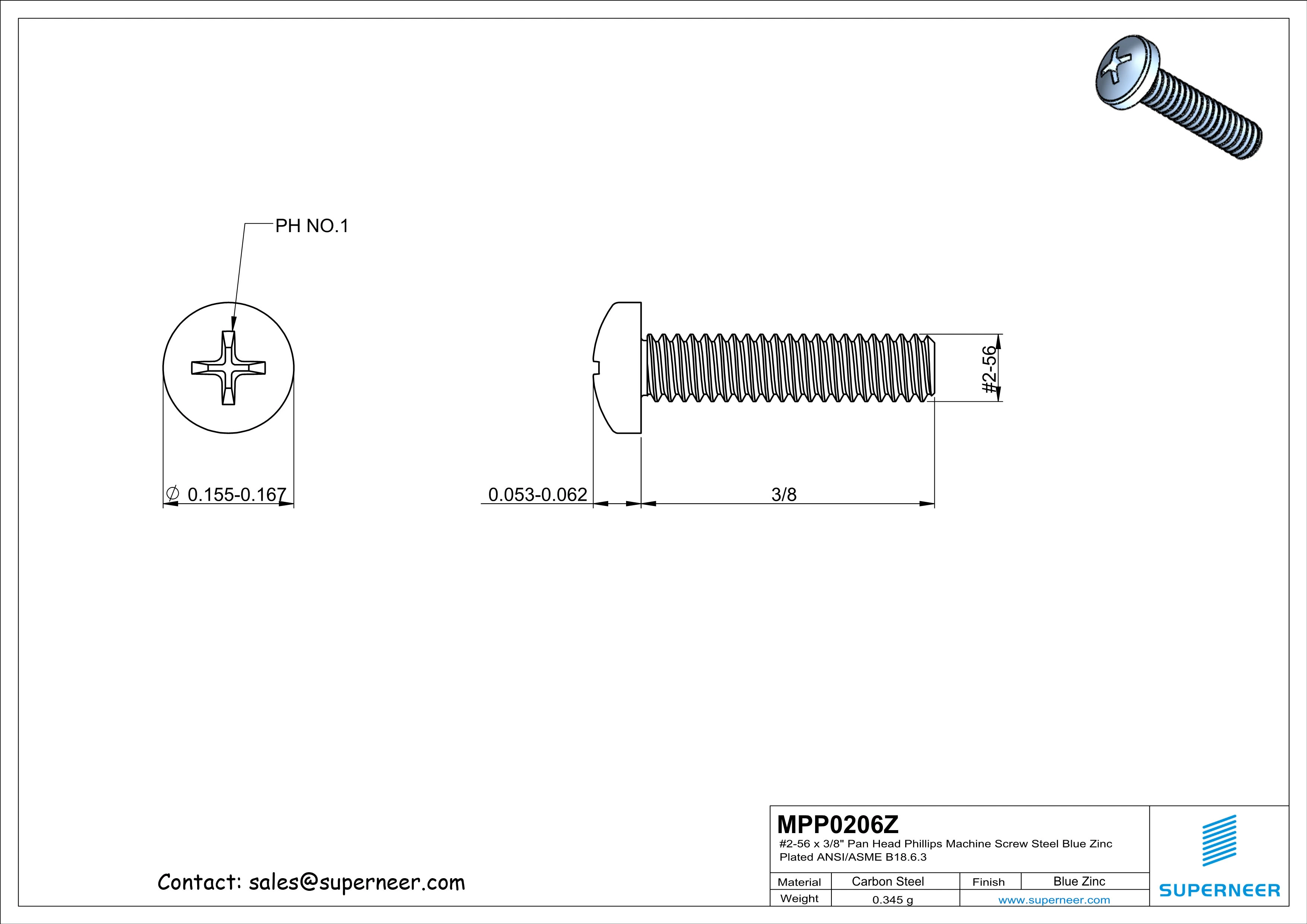 2-56 x 3/8" Pan Head Phillips Machine Screw Steel Blue Zinc Plated ANSI/ASME B18.6.3