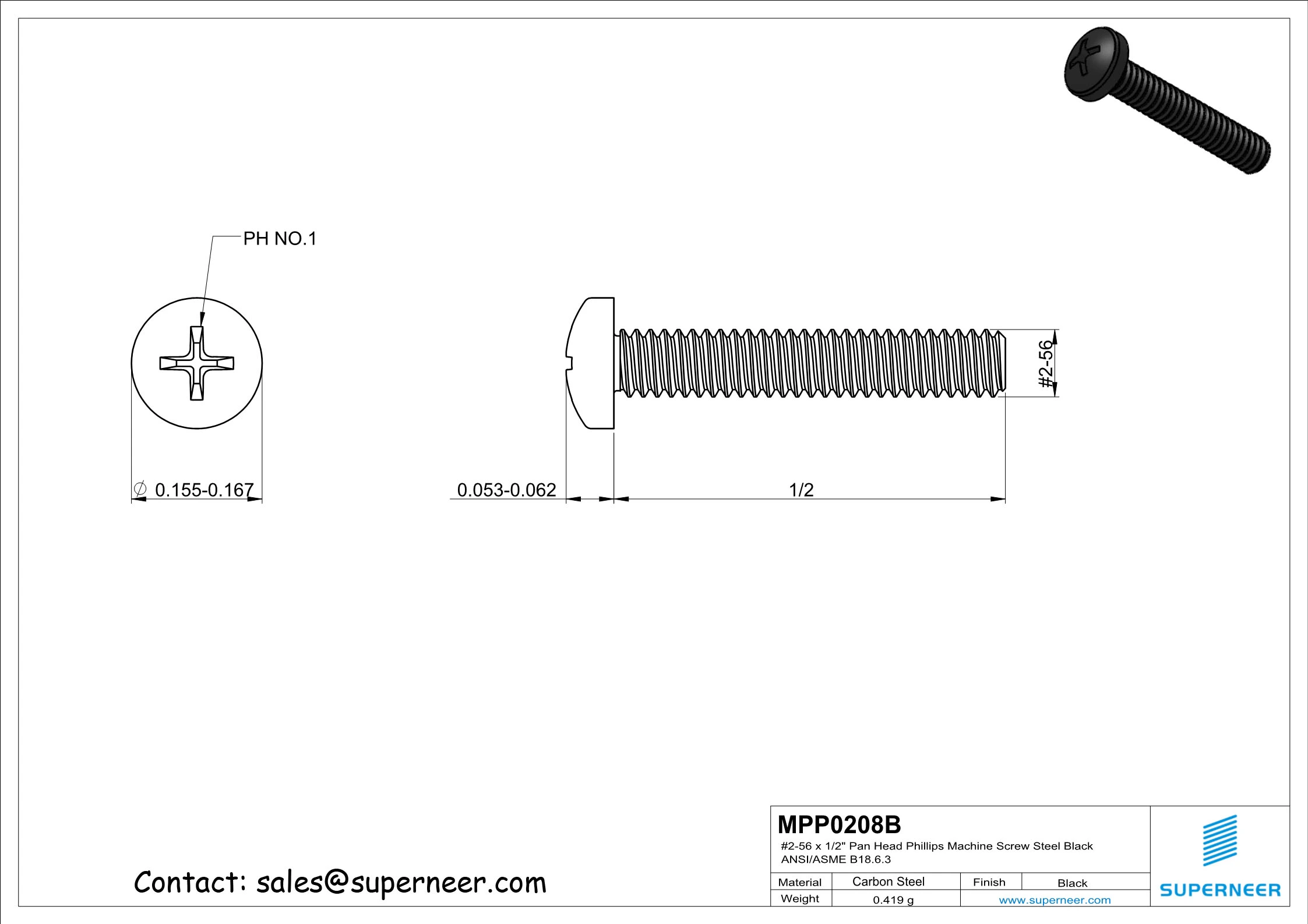 2-56 x 1/2" Pan Head Phillips Machine Screw Steel Black ANSI/ASME B18.6.3