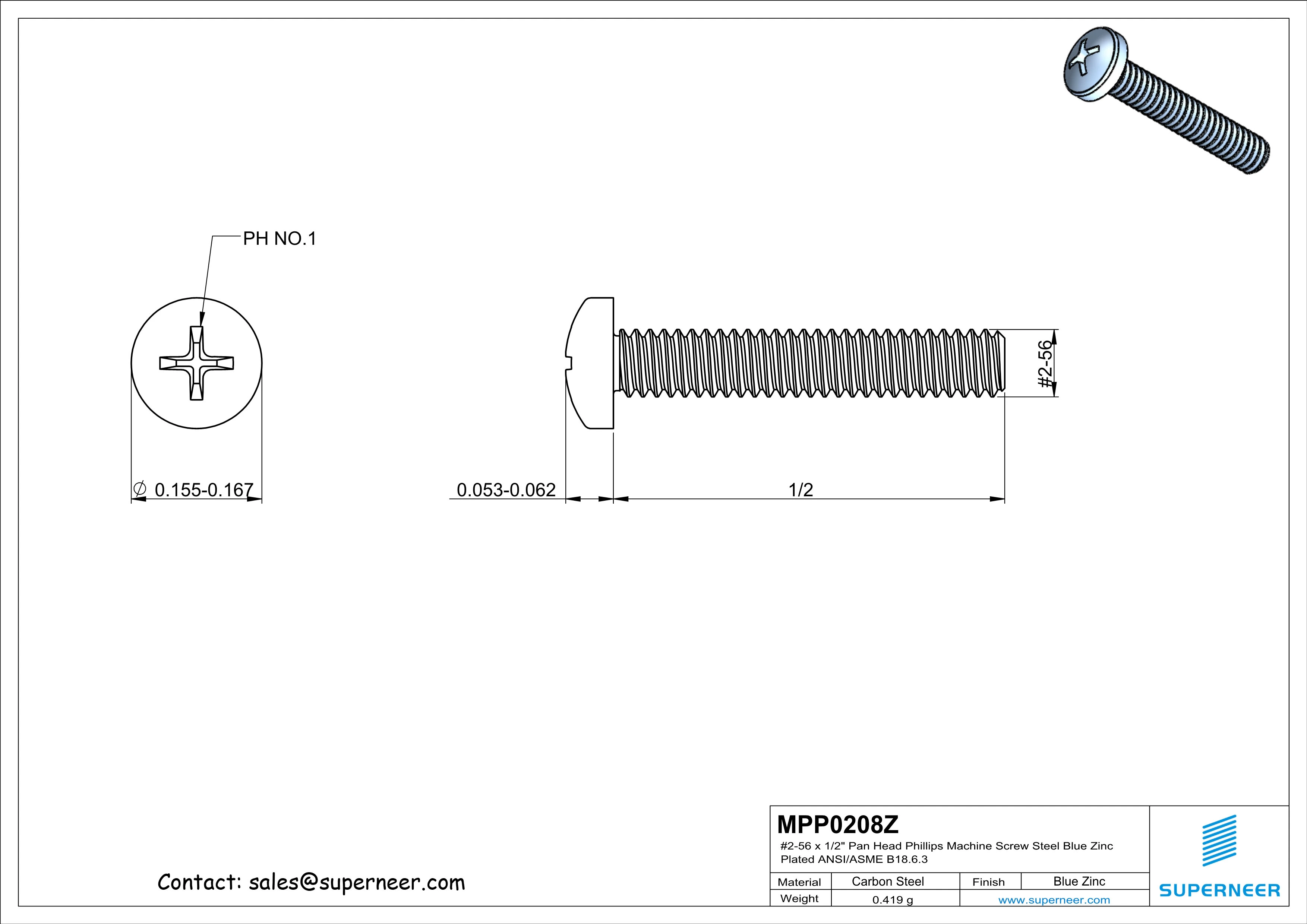2-56 x 1/2" Pan Head Phillips Machine Screw Steel Blue Zinc Plated ANSI/ASME B18.6.3