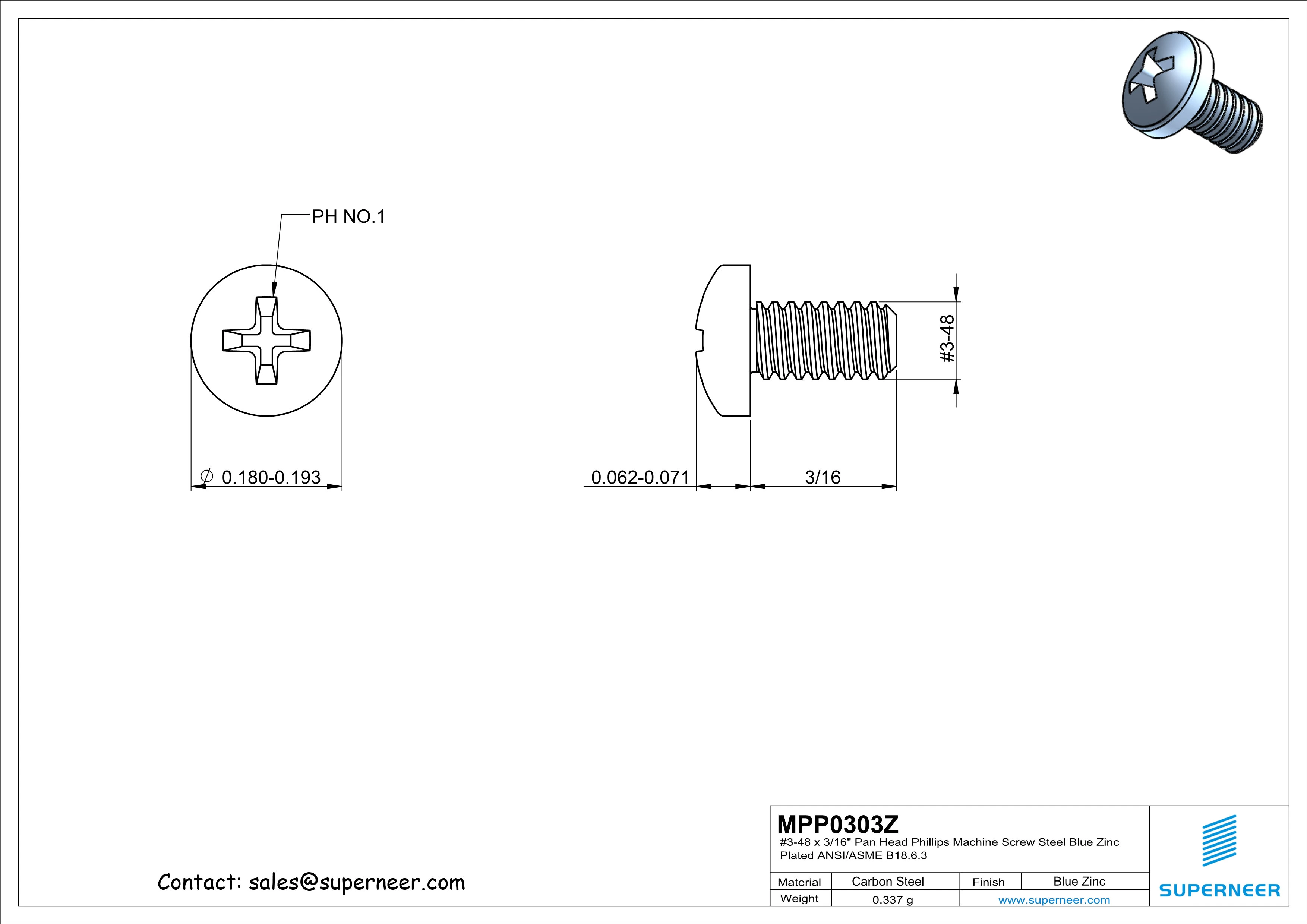 3-48 x 3/16" Pan Head Phillips Machine Screw Steel Blue Zinc Plated ANSI/ASME B18.6.3