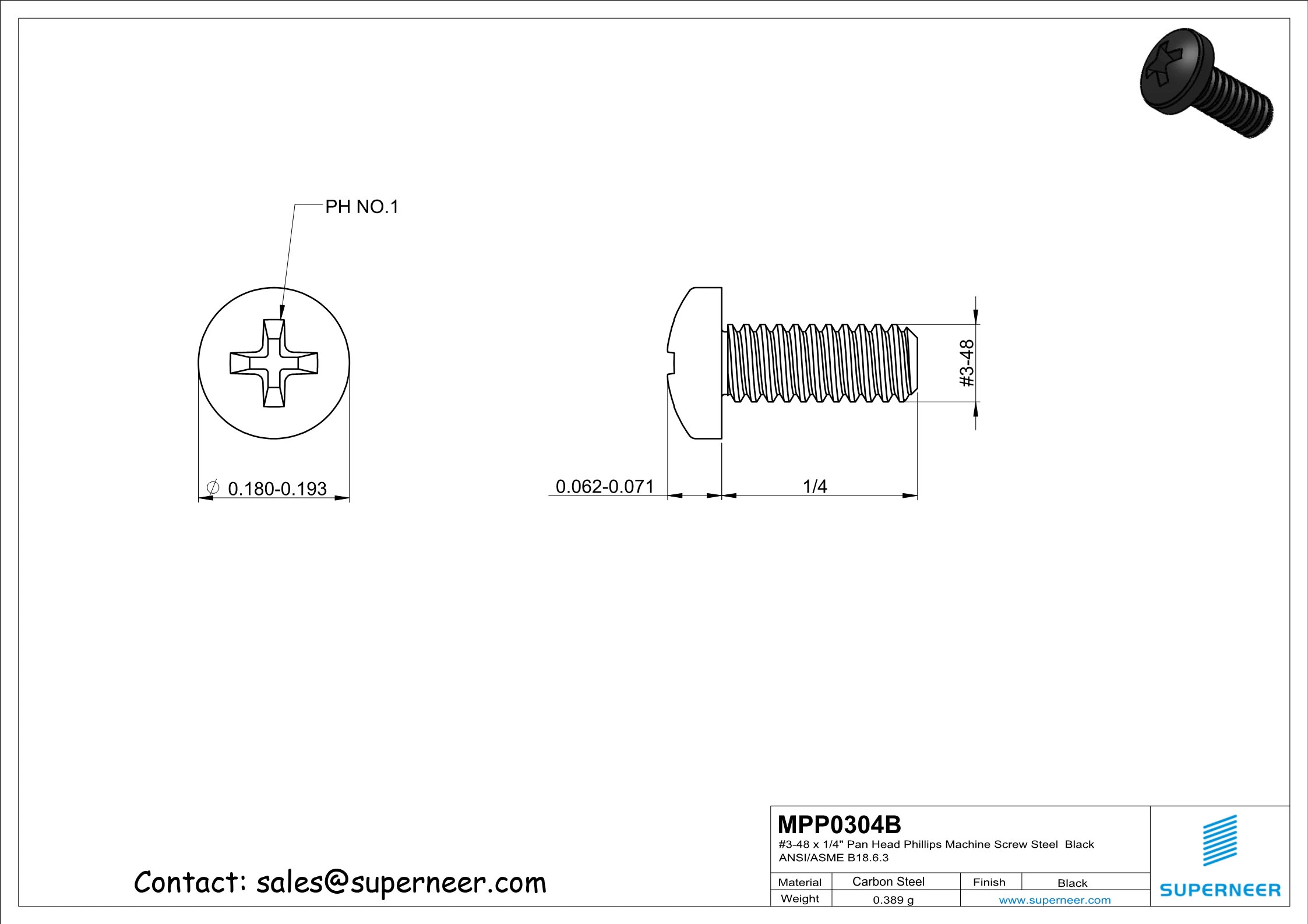 3-48 x 1/4" Pan Head Phillips Machine Screw Steel Black ANSI/ASME B18.6.3