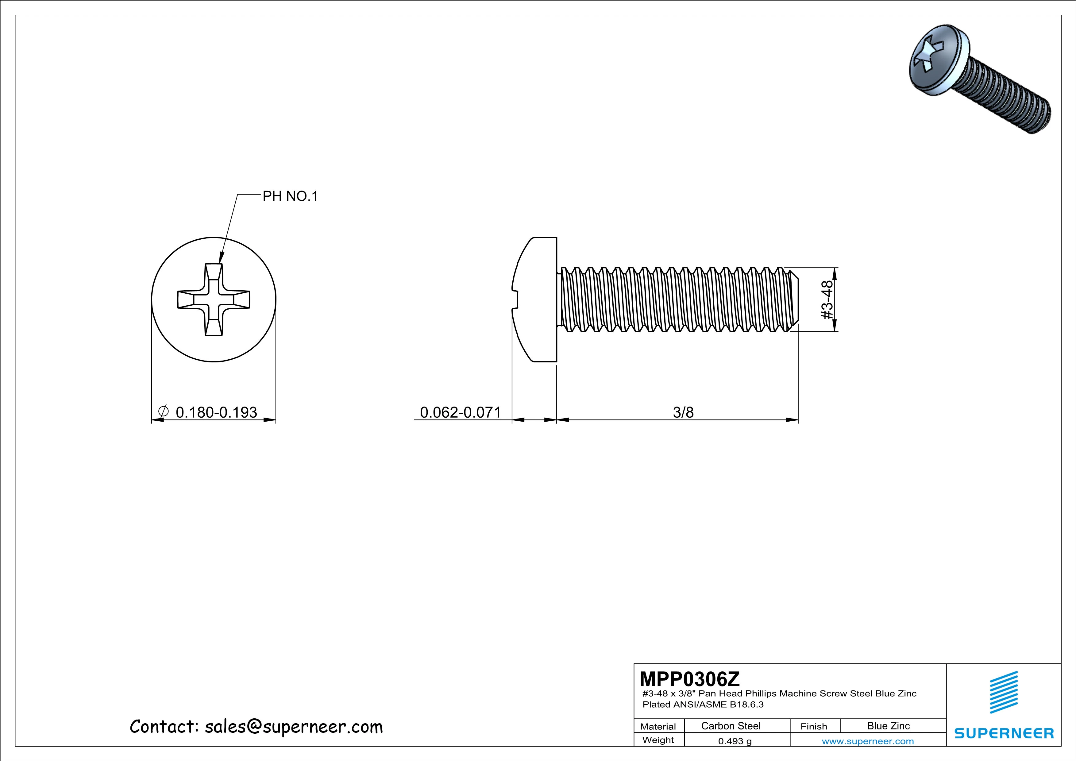3-48 x 3/8" Pan Head Phillips Machine Screw Steel Blue Zinc Plated ANSI/ASME B18.6.3