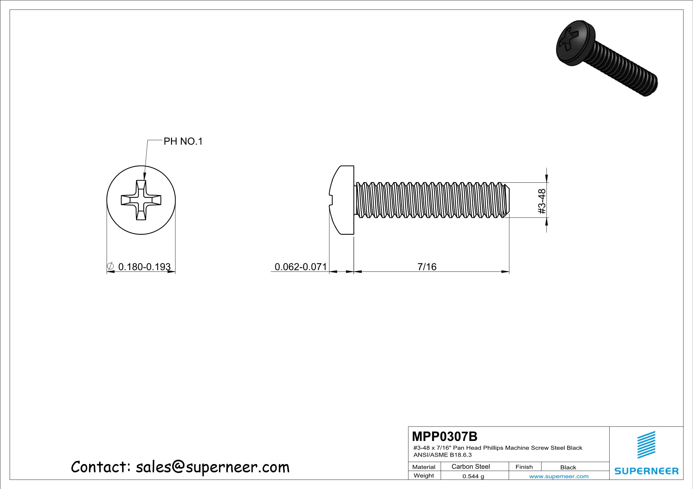 3-48 x 7/16" Pan Head Phillips Machine Screw Steel Black ANSI/ASME B18.6.3