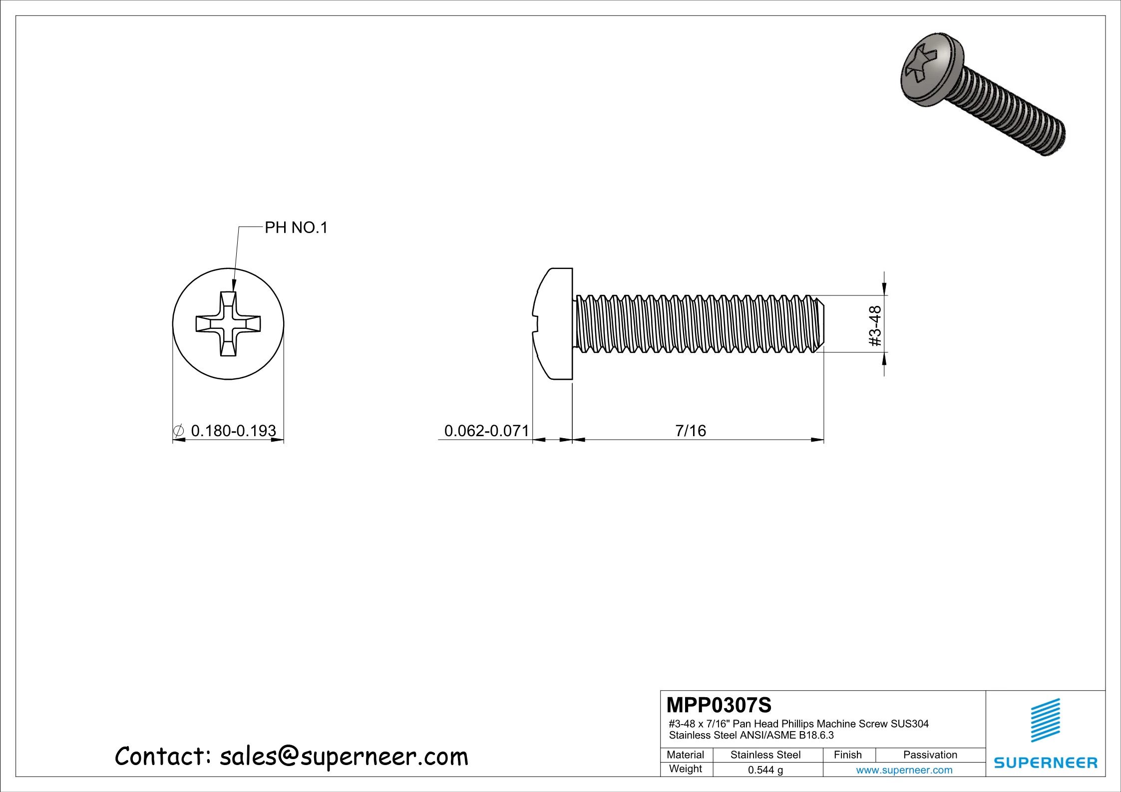 3-48 x 7/16"  Pan Head Phillips Machine Screw SUS304 Stainless Steel Inox ANSI/ASME B18.6.3