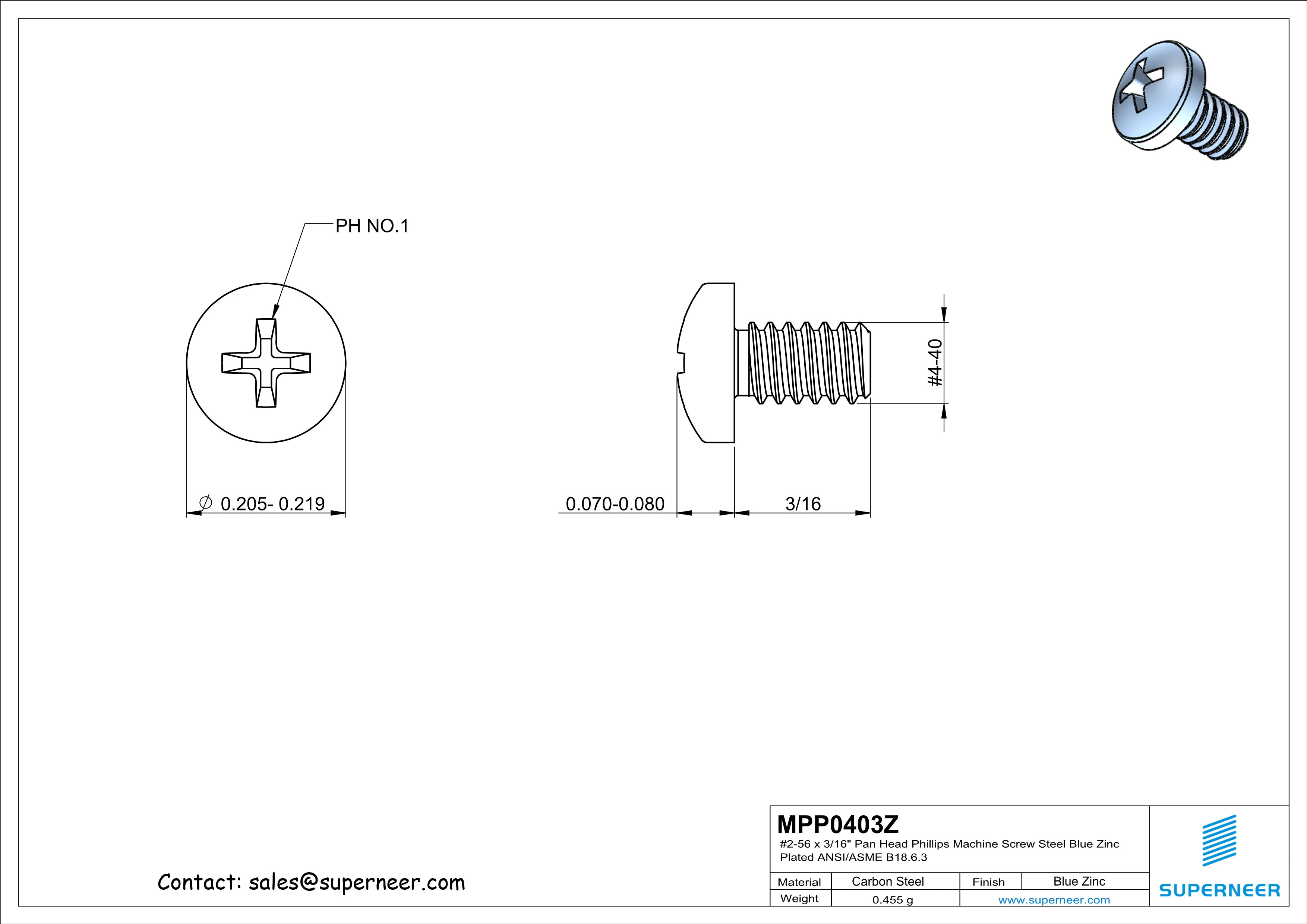 4-40 x 3/16" Pan Head Phillips Machine Screw Steel Blue Zinc Plated ANSI/ASME B18.6.3