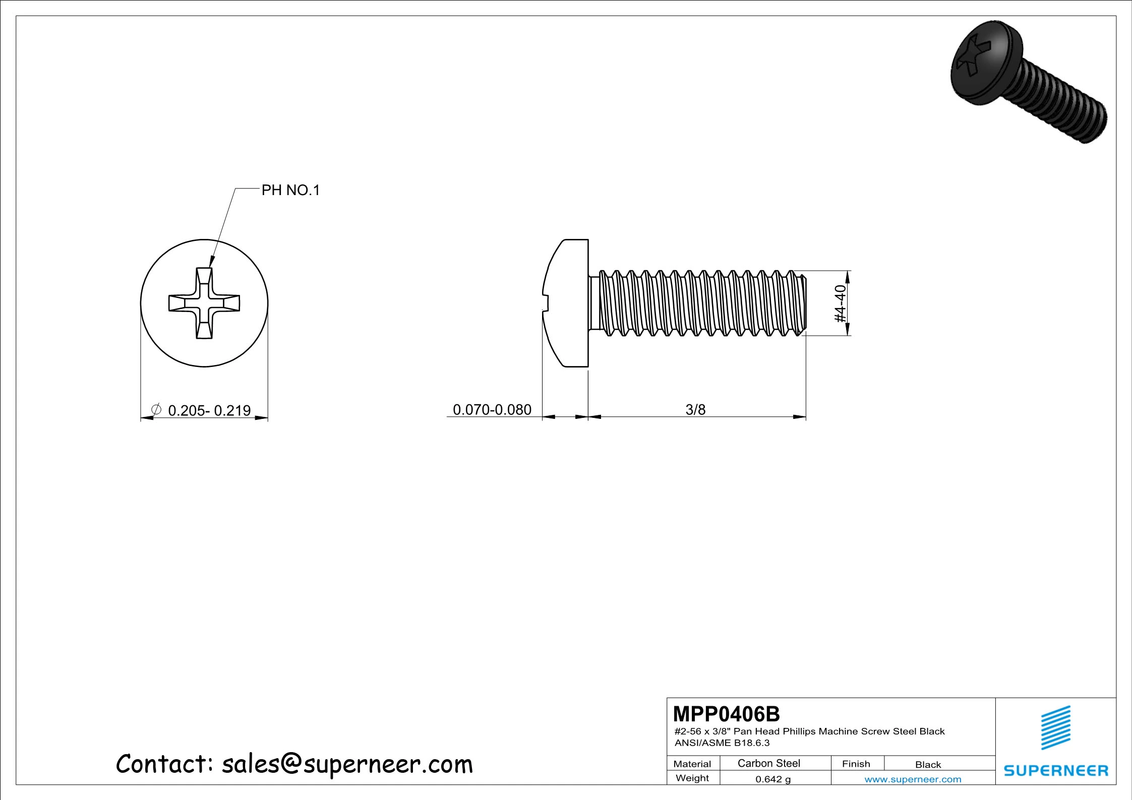 4-40 x 3/8" Pan Head Phillips Machine Screw Steel Black ANSI/ASME B18.6.3