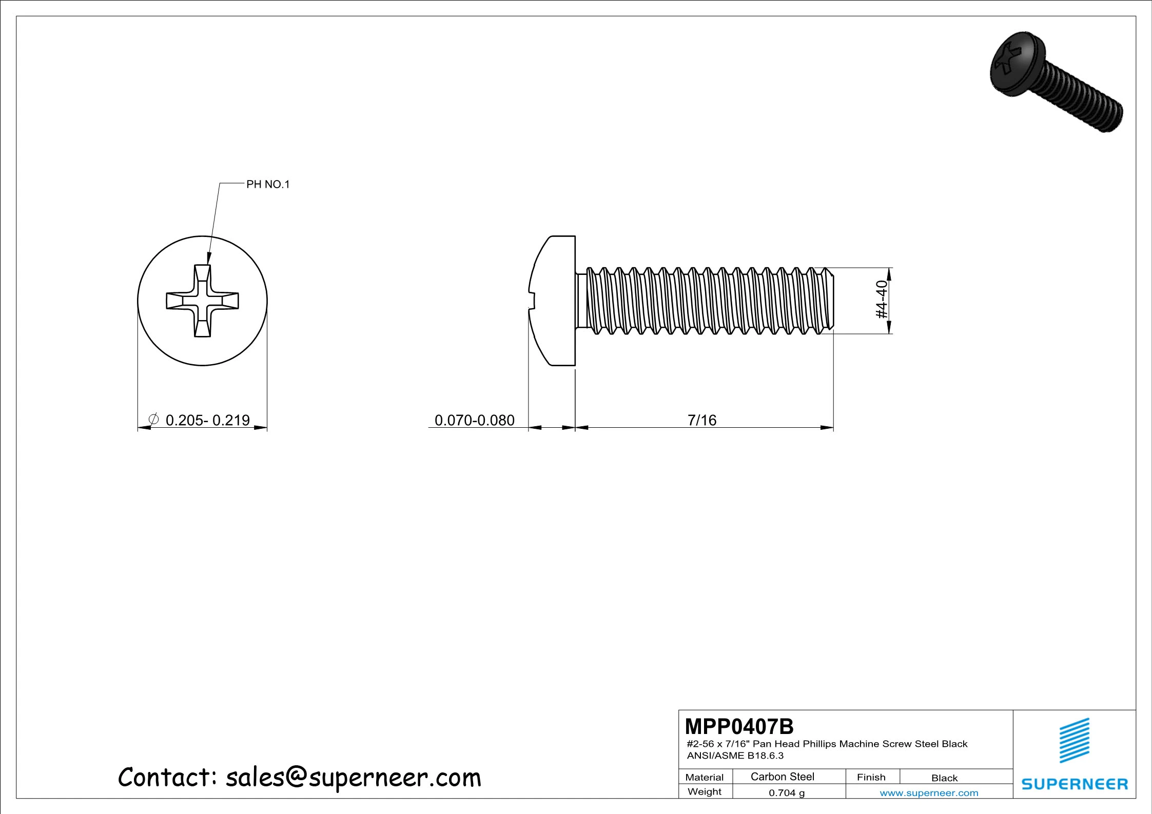 4-40 x 7/16" Pan Head Phillips Machine Screw Steel Black ANSI/ASME B18.6.3