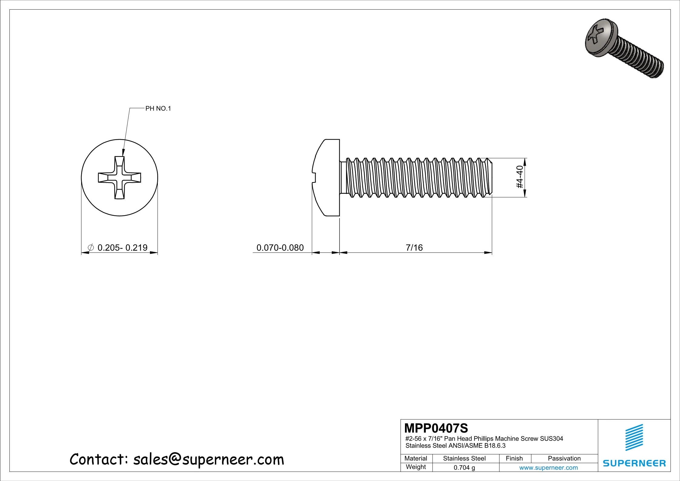 4-40 x 7/16"  Pan Head Phillips Machine Screw  SUS304 Stainless Steel Inox  ANSI/ASME B18.6.3