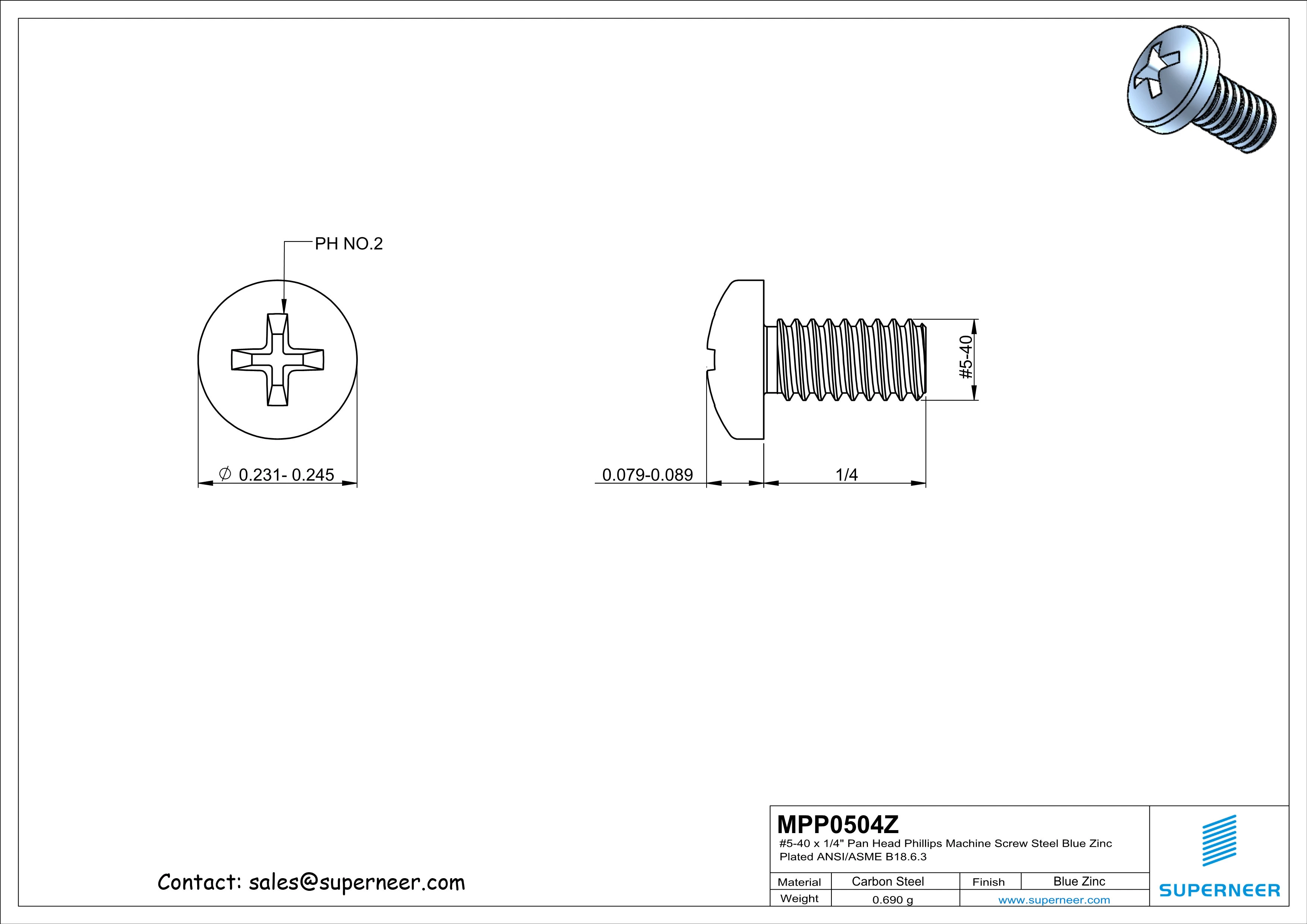 5-40 x 1/4" Pan Head Phillips Machine Screw Steel Blue Zinc Plated ANSI/ASME B18.6.3