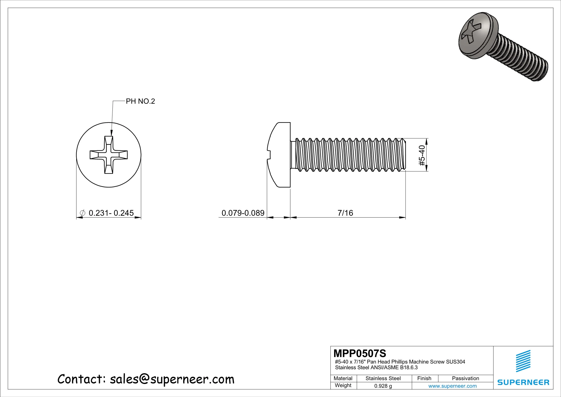5-40 x 7/16" Pan Head Phillips Machine Screw SUS304 Stainless Steel Inox ANSI/ASME B18.6.3