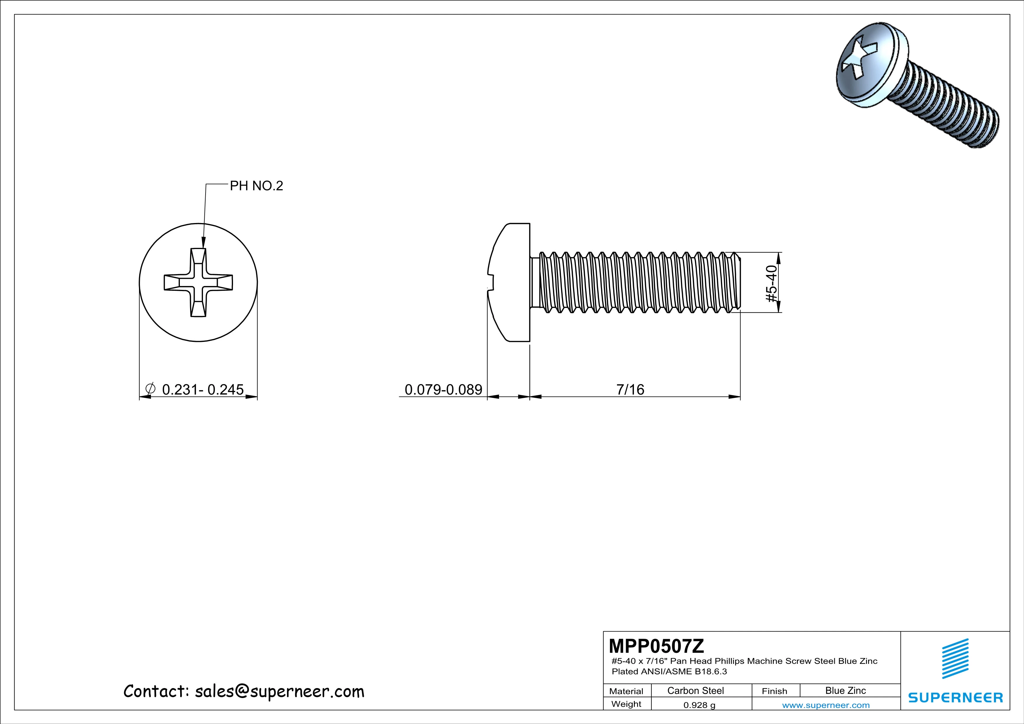 5-40 x 7/16" Pan Head Phillips Machine Screw Steel Blue Zinc Plated ANSI/ASME B18.6.3
