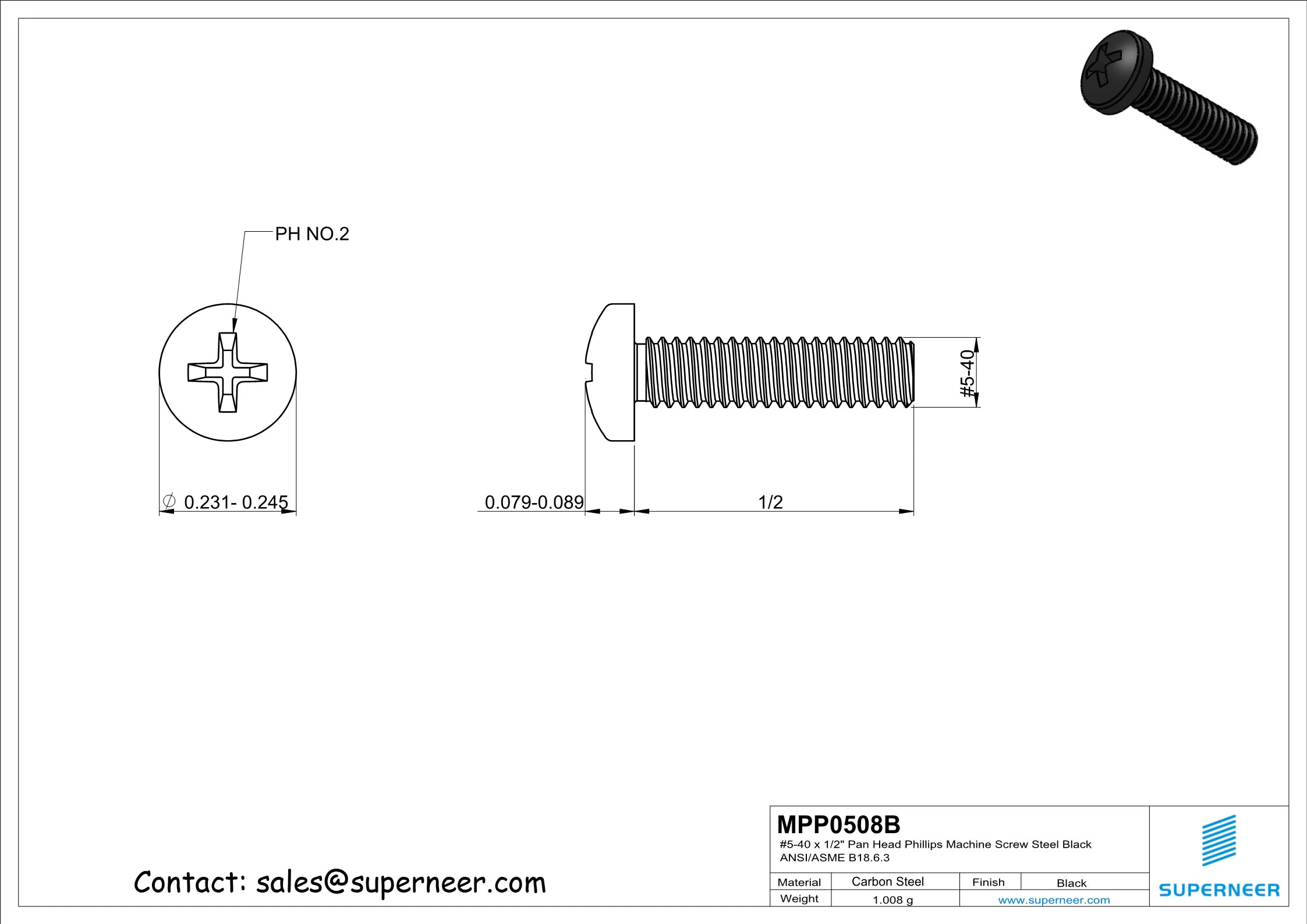 5-40 x 1/2" Pan Head Phillips Machine Screw Steel Black ANSI/ASME B18.6.3