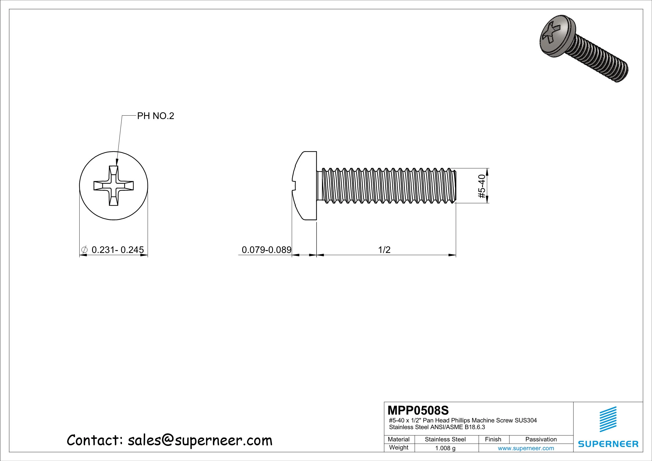 5-40 x 1/2" Phillips Pan Head Screw SUS304 Stainless Steel Inox ANSI/ASME B18.6.3