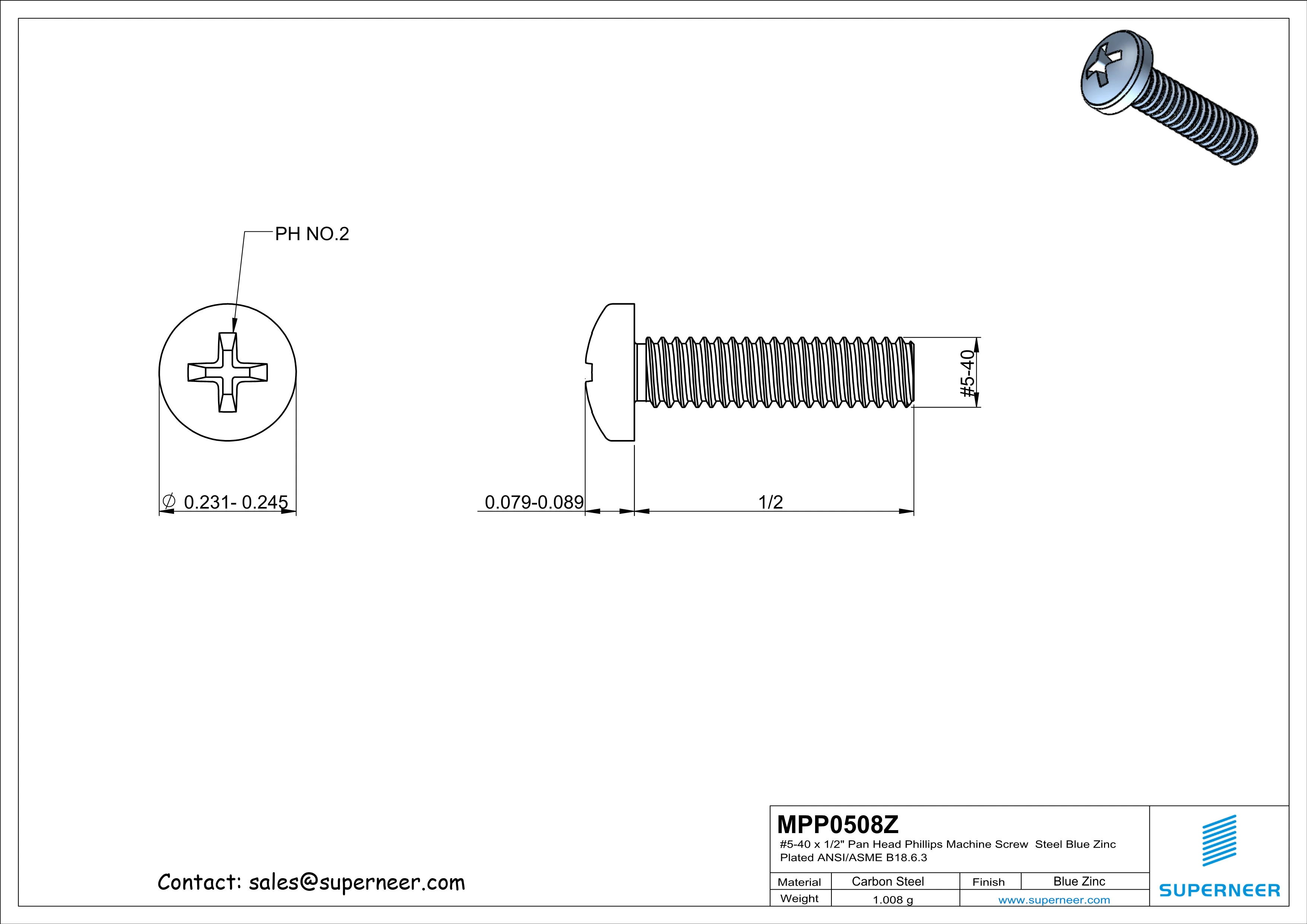 5-40 x 1/2" Pan Head Phillips Machine Screw Steel Blue Zinc Plated ANSI/ASME B18.6.3