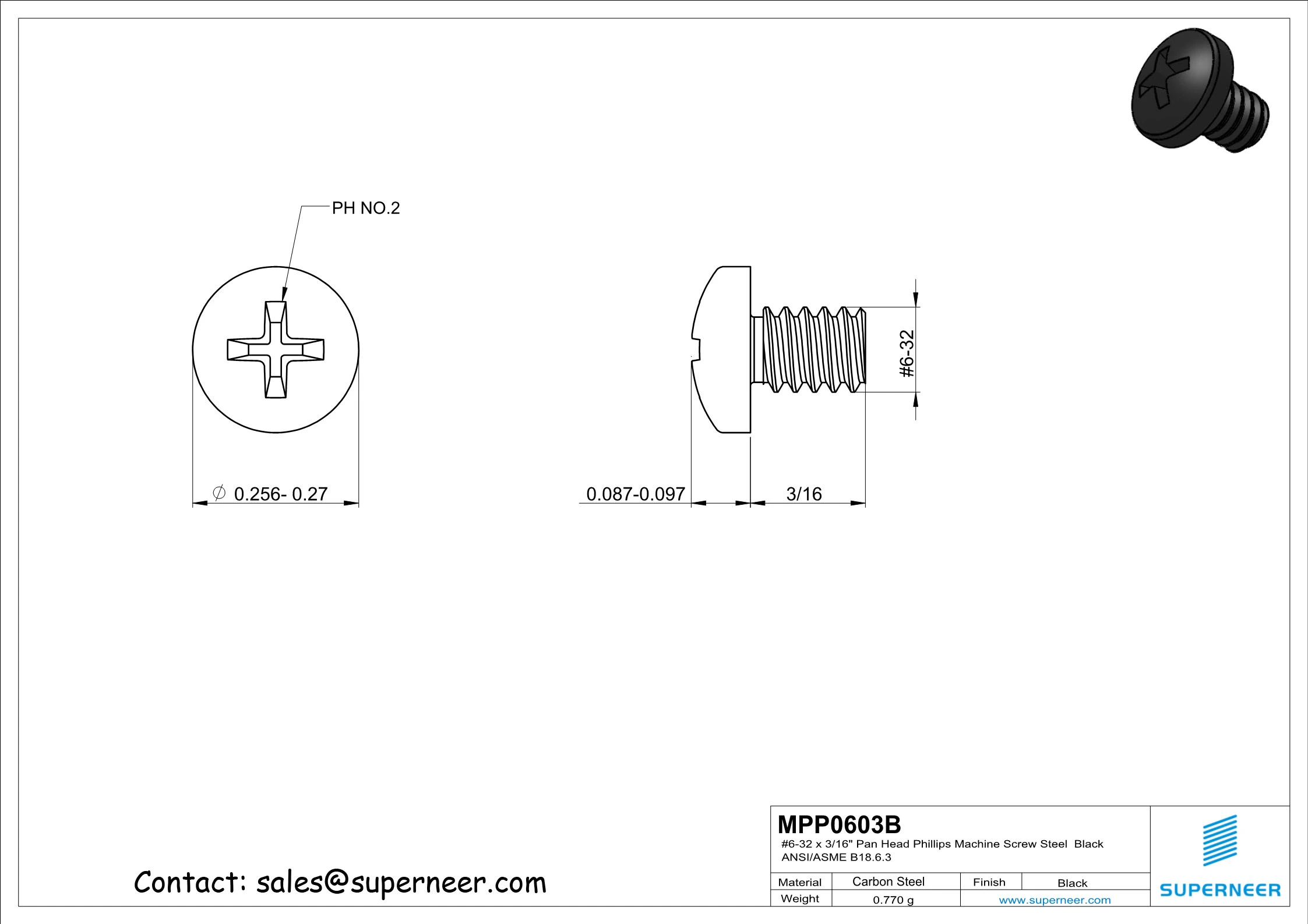 6-32 x 3/16" Pan Head Phillips Machine Screw Steel Black ANSI/ASME B18.6.3