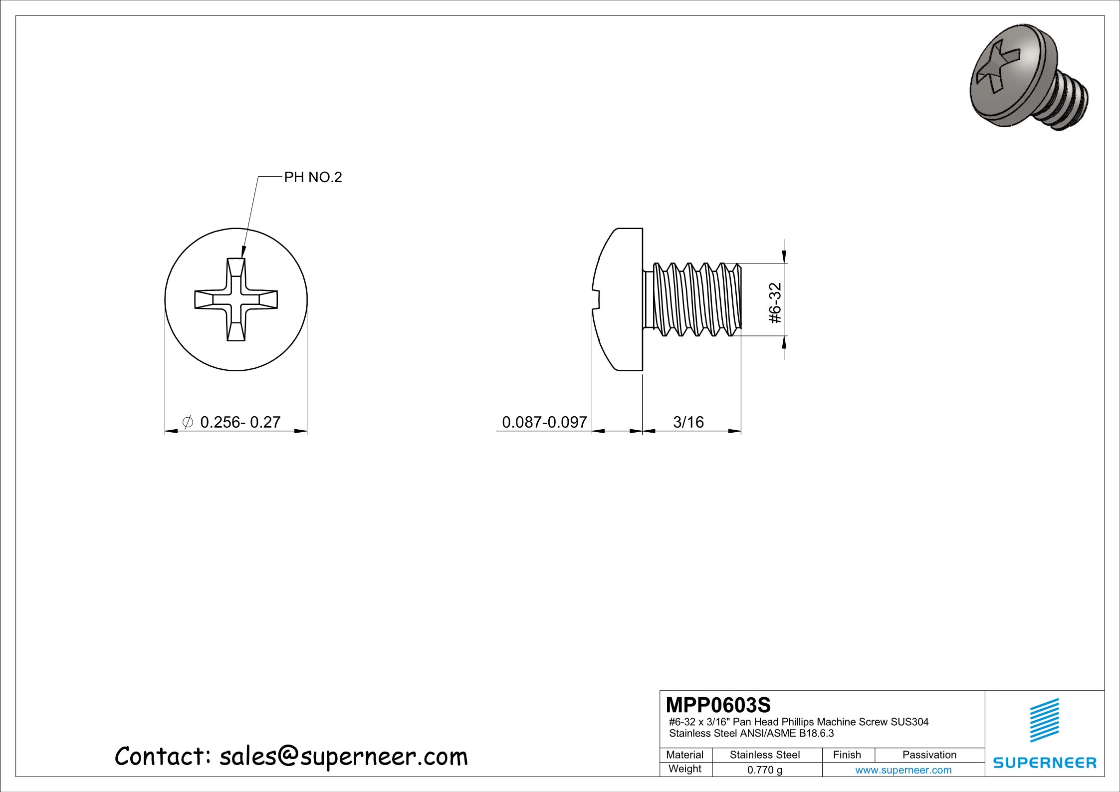 6-32 x 3/16" Pan Head Phillips Machine Screw SUS304 Stainless Steel Inox ANSI/ASME B18.6.3