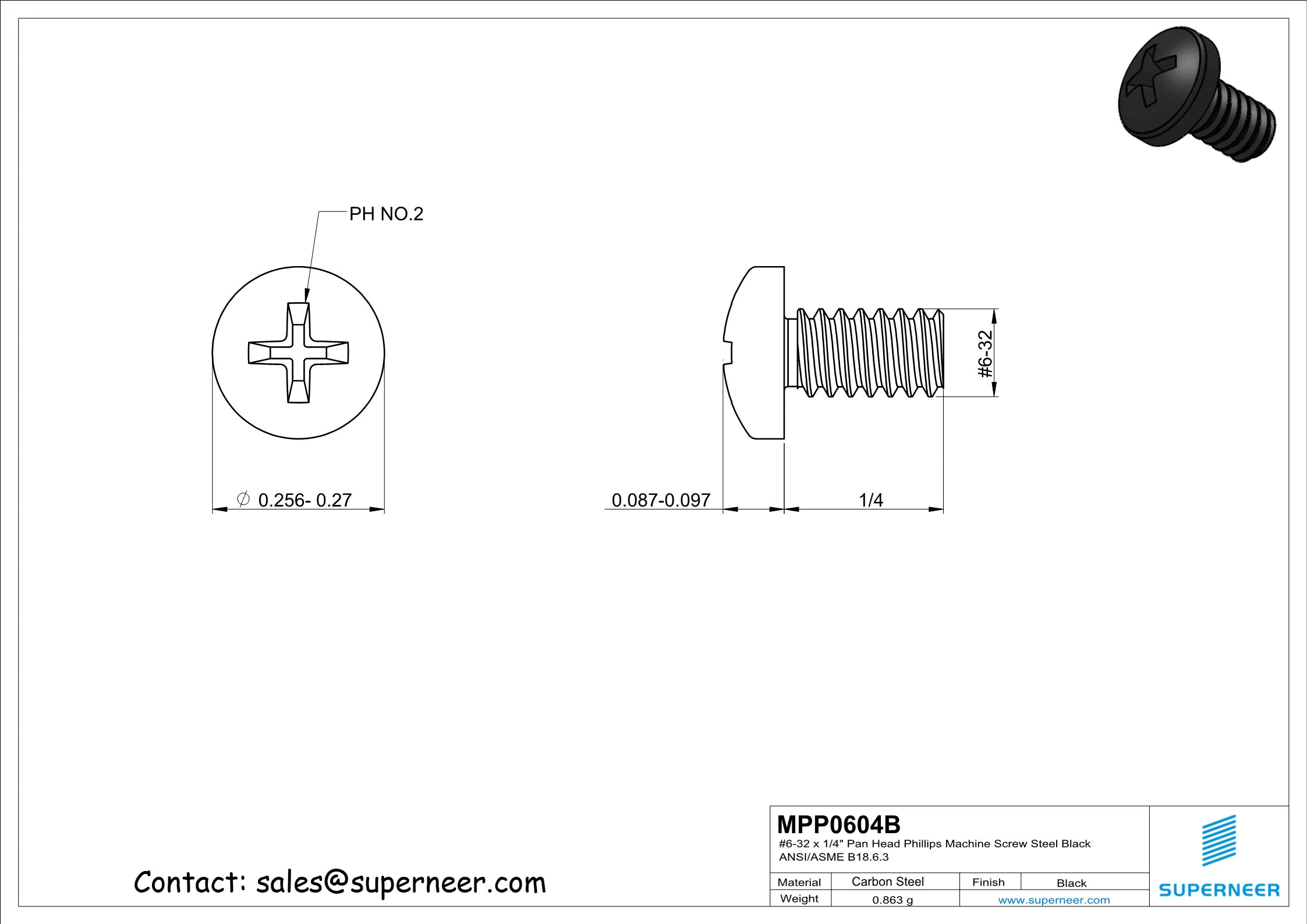 6-32 x 1/4" Pan Head Phillips Machine Screw Steel Black ANSI/ASME B18.6.3