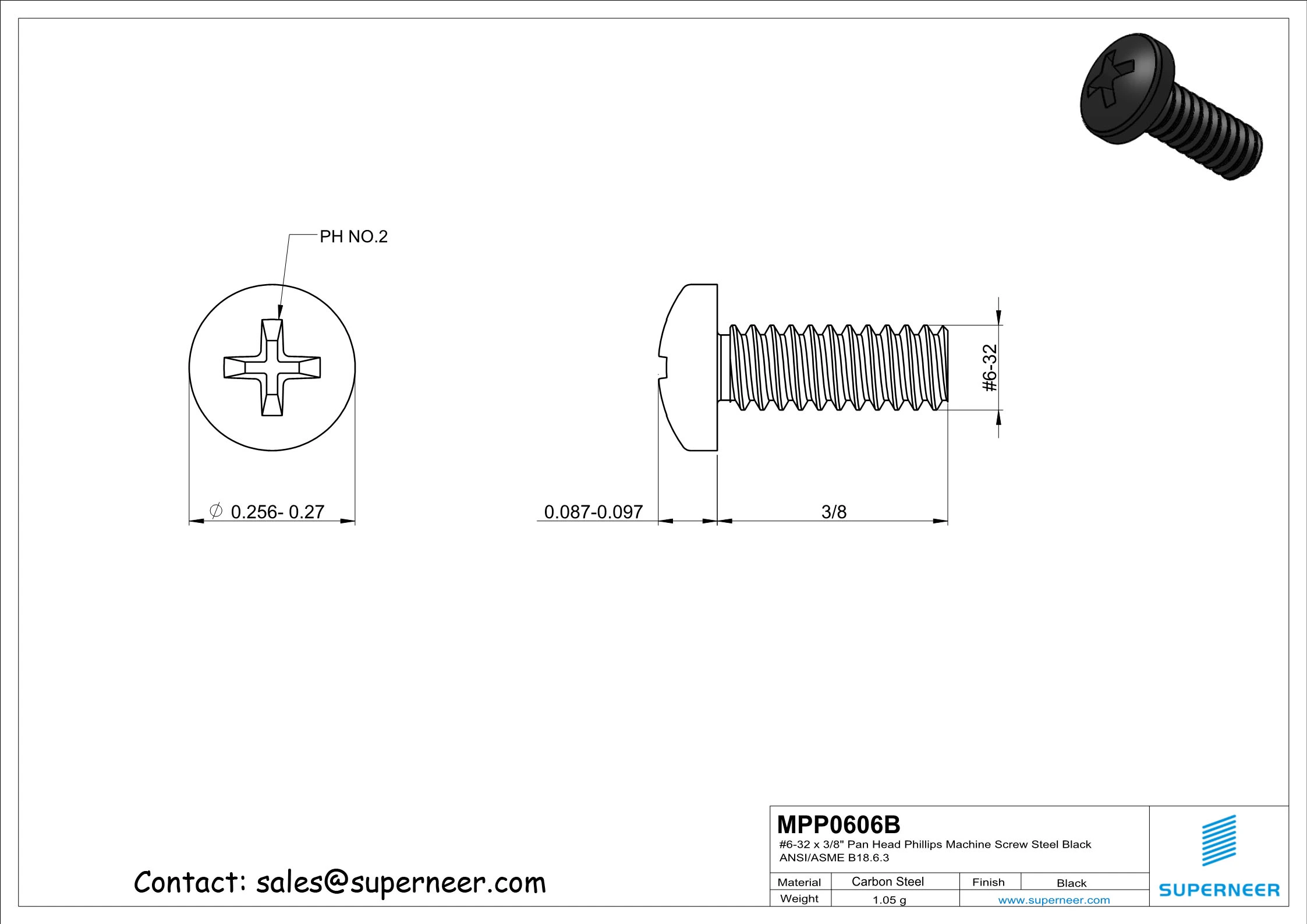 6-32 x 3/8" Pan Head Phillips Machine Screw Steel Black ANSI/ASME B18.6.3
