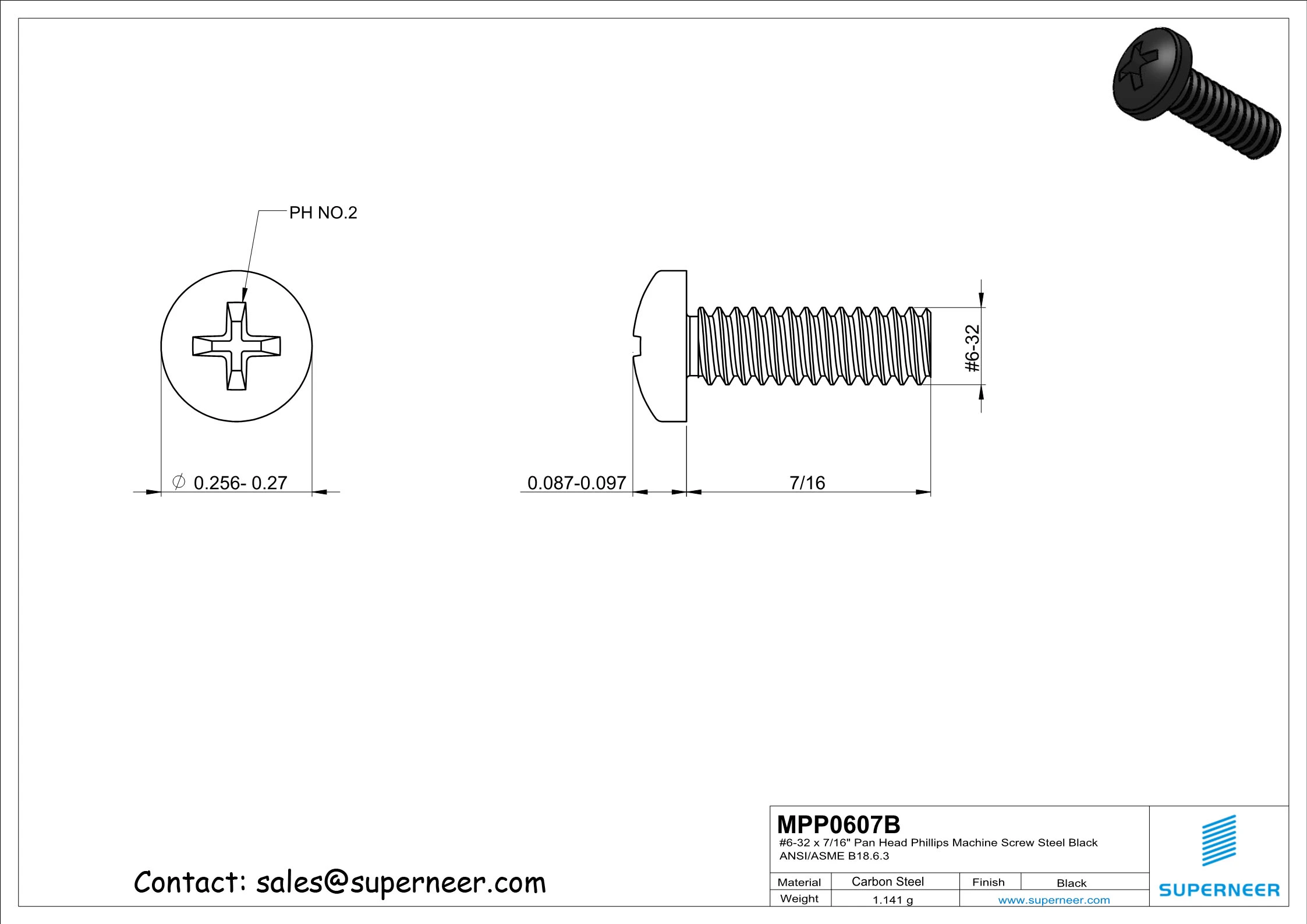 6-32 x 7/16" Pan Head Phillips Machine Screw Steel Black ANSI/ASME B18.6.3