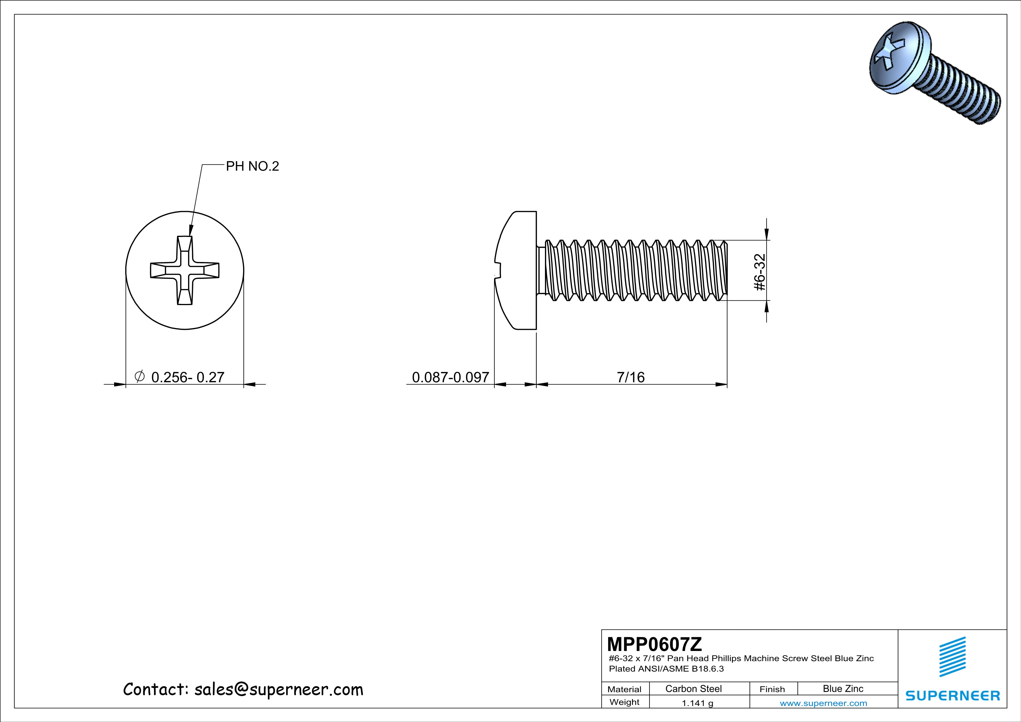 6-32 x 7/16" Pan Head Phillips Machine Screw Steel Blue Zinc Plated ANSI/ASME B18.6.3