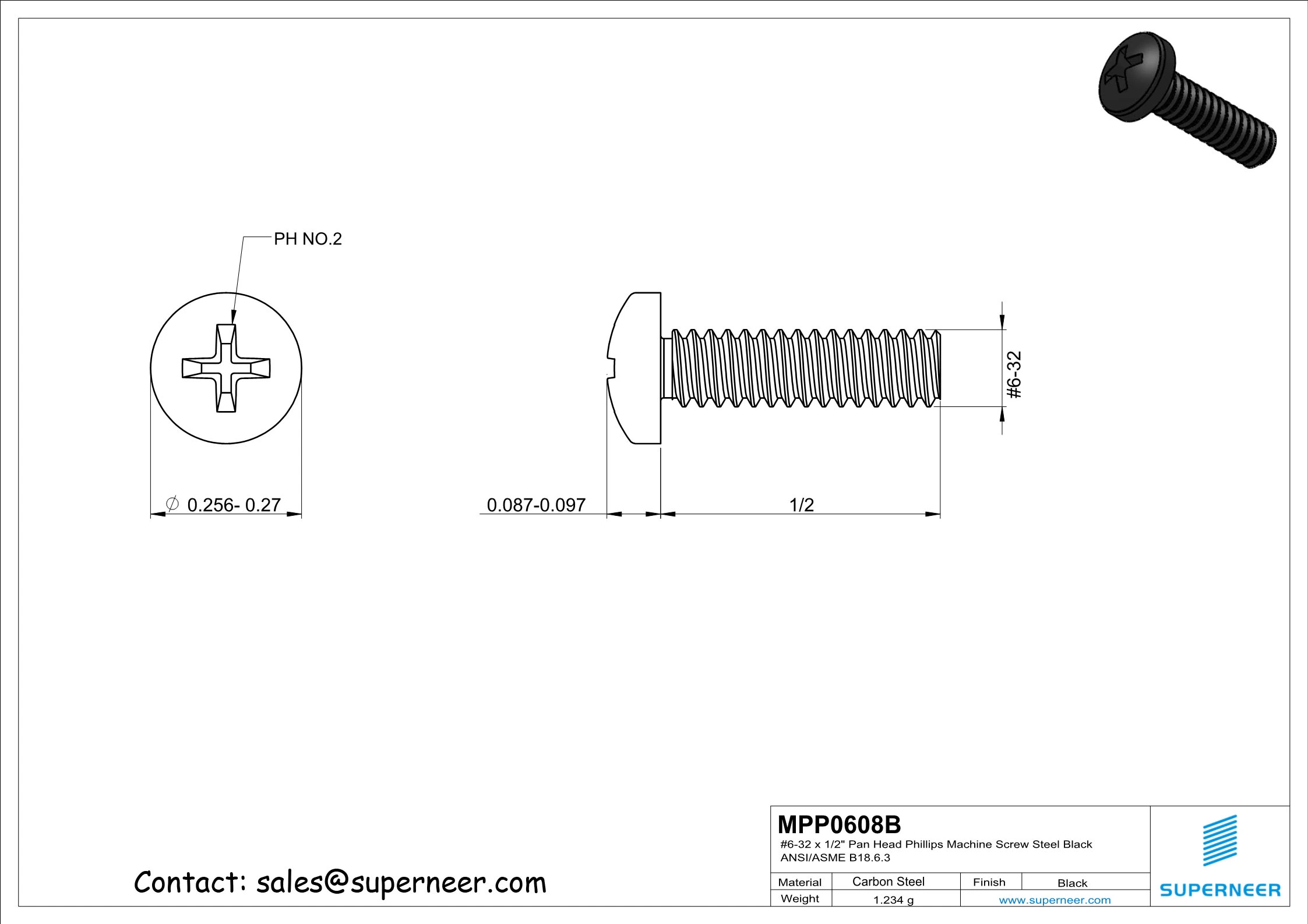 6-32 x 1/2" Pan Head Phillips Machine Screw Steel Black ANSI/ASME B18.6.3