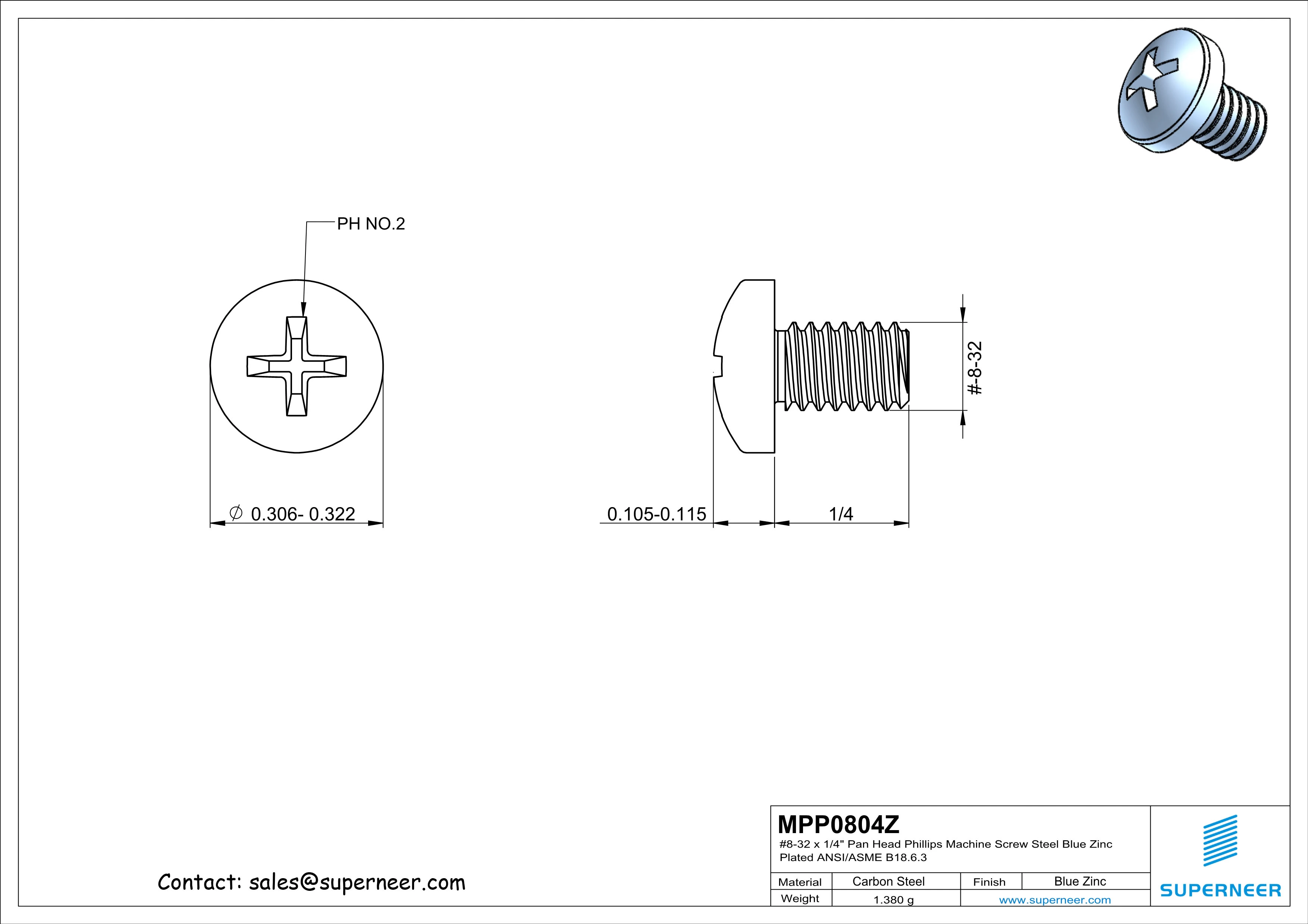 8-32 x 1/4" Pan Head Phillips Machine Screw Steel Blue Zinc Plated ANSI/ASME B18.6.3