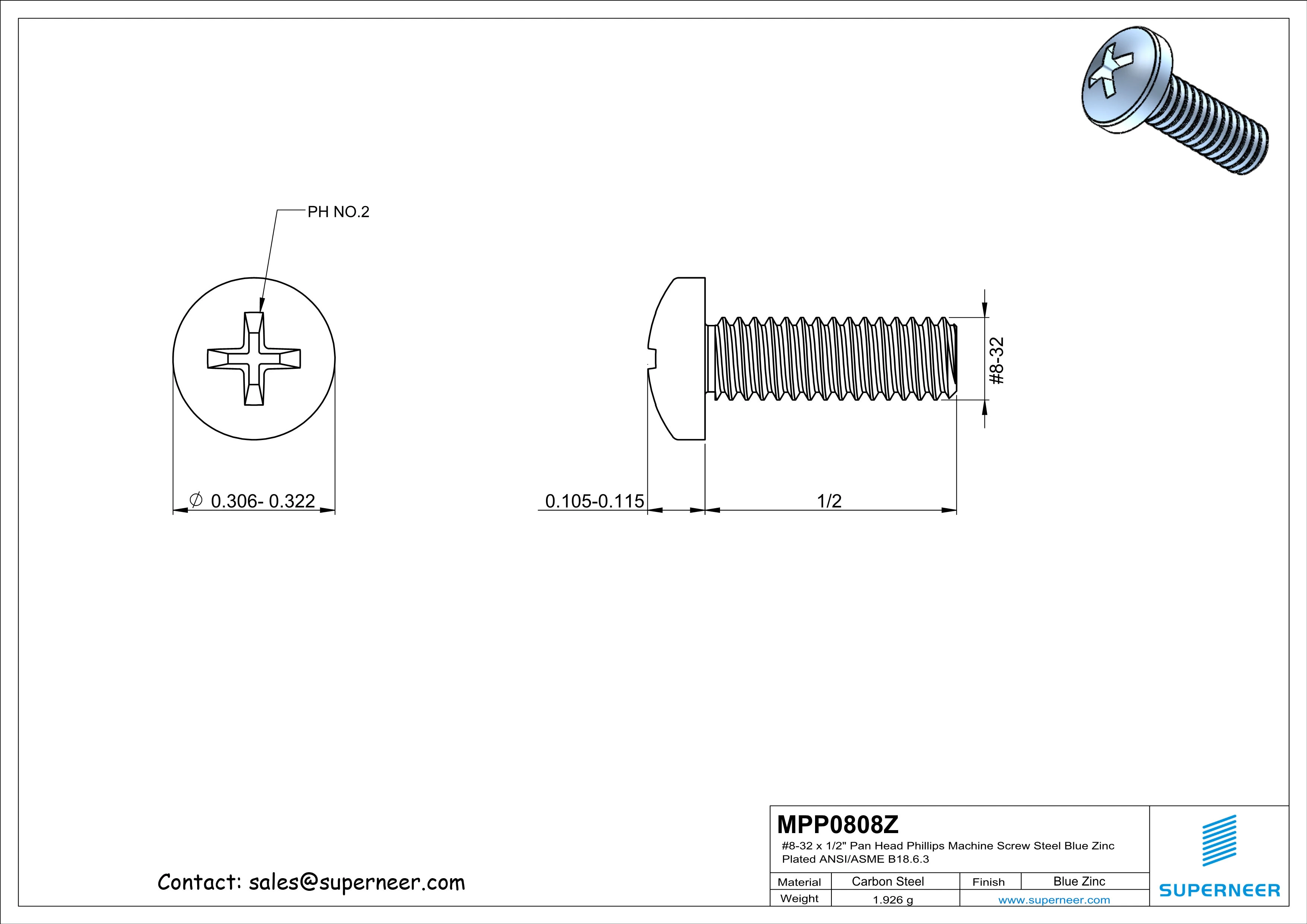 8-32 x 1/2" Pan Head Phillips Machine Screw Steel Blue Zinc Plated ANSI/ASME B18.6.3