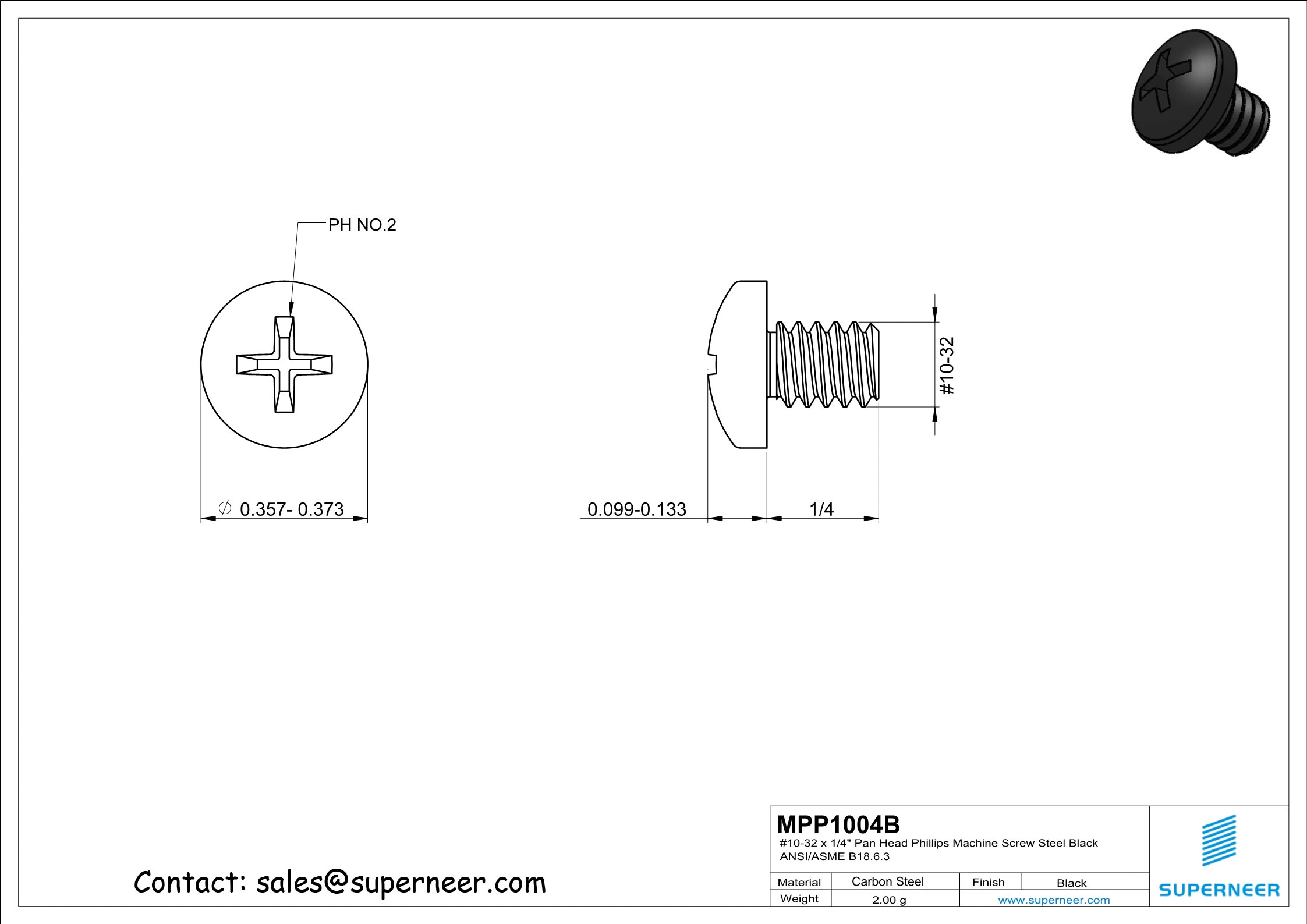 10-32 x 1/4" Pan Head Phillips Machine Screw Steel Black ANSI/ASME B18.6.3