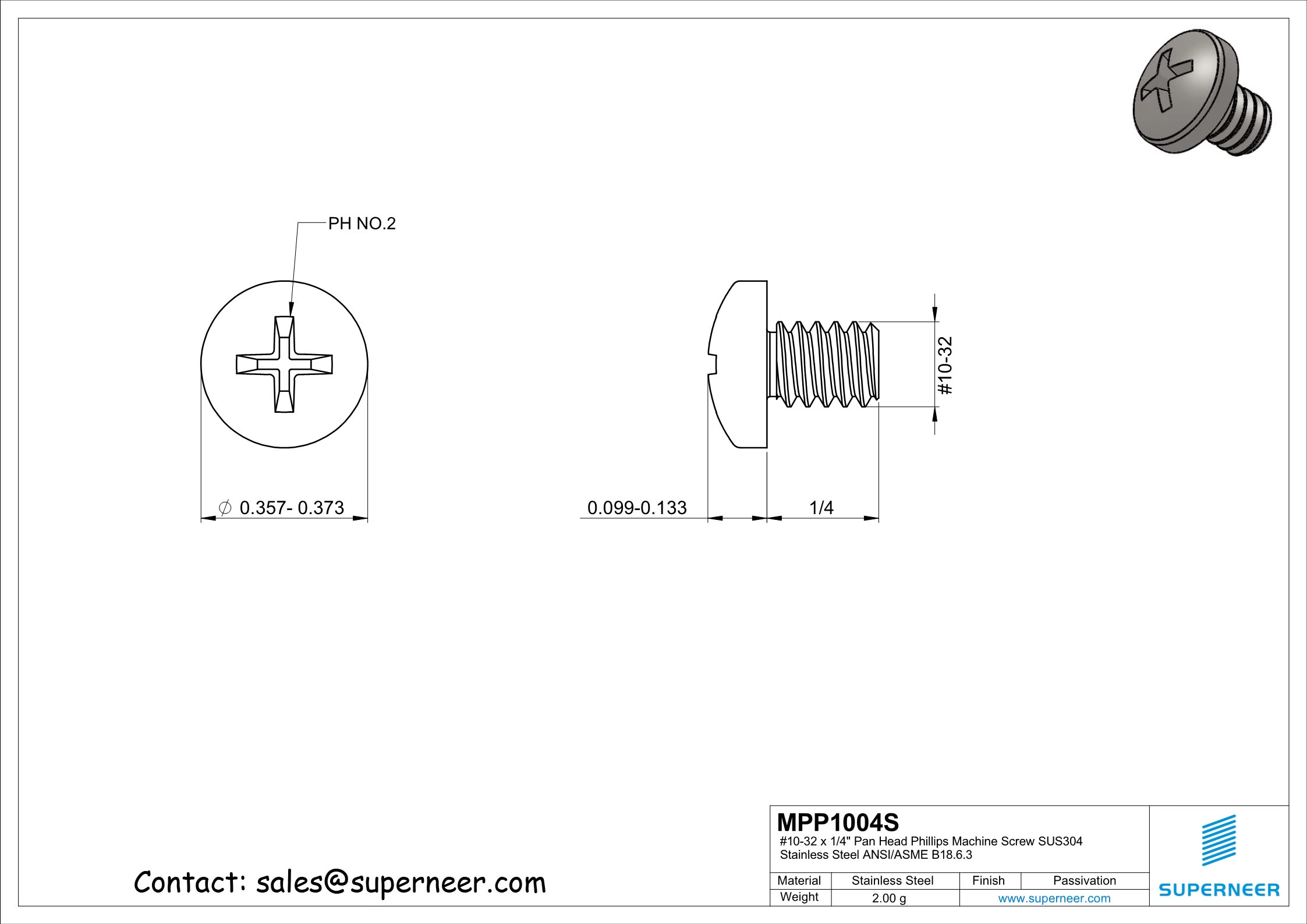 10-32 x 1/4" Pan Head Phillips Machine Screw SUS304 Stainless Steel Inox ANSI/ASME B18.6.3
