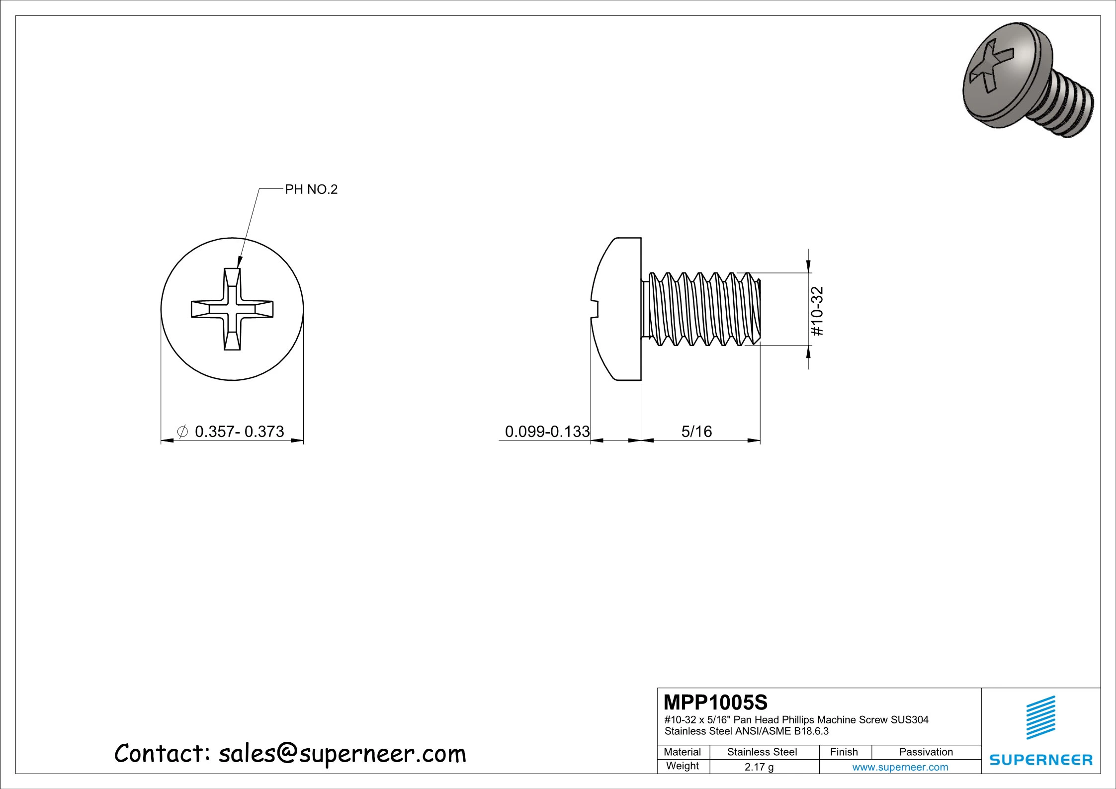 10-32 x 5/16" Pan Head Phillips Machine Screw SUS304 Stainless Steel Inox ANSI/ASME B18.6.3