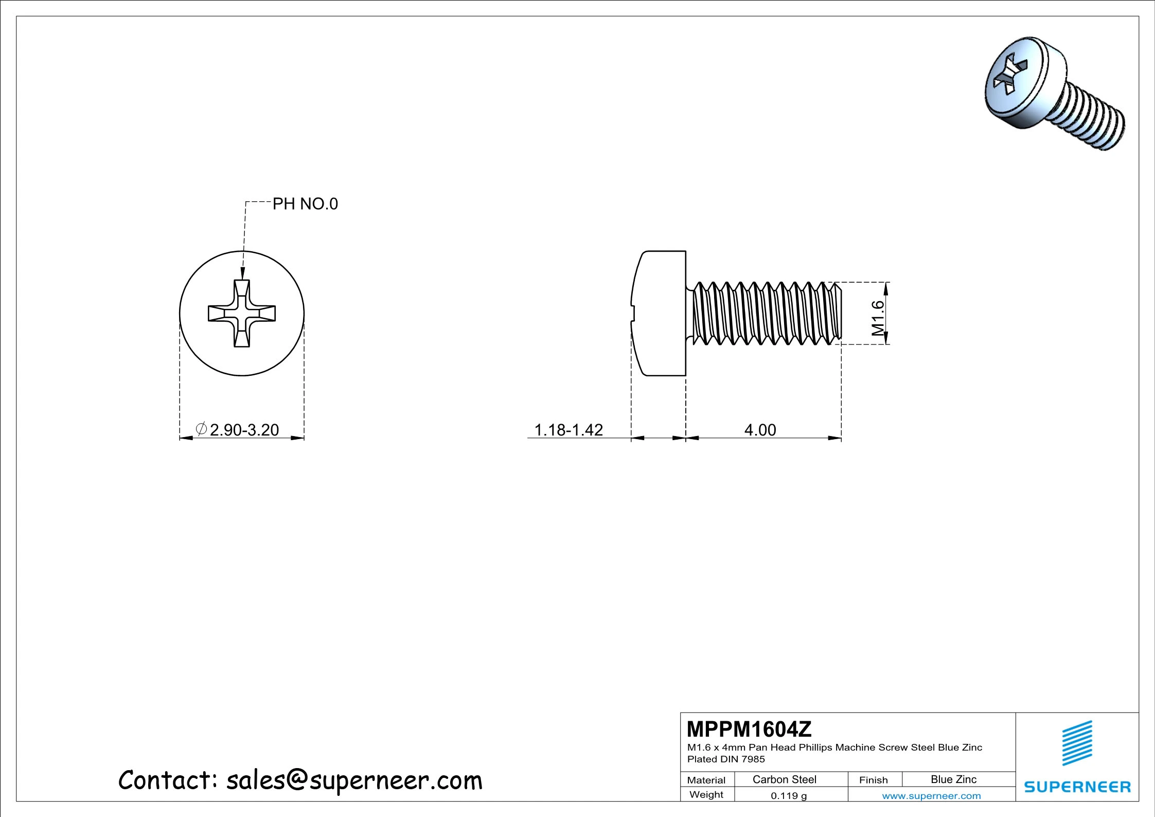 M1.6 x 4mm Pan Head Phillips Machine Screw Steel Blue Zinc Plated DIN 7985