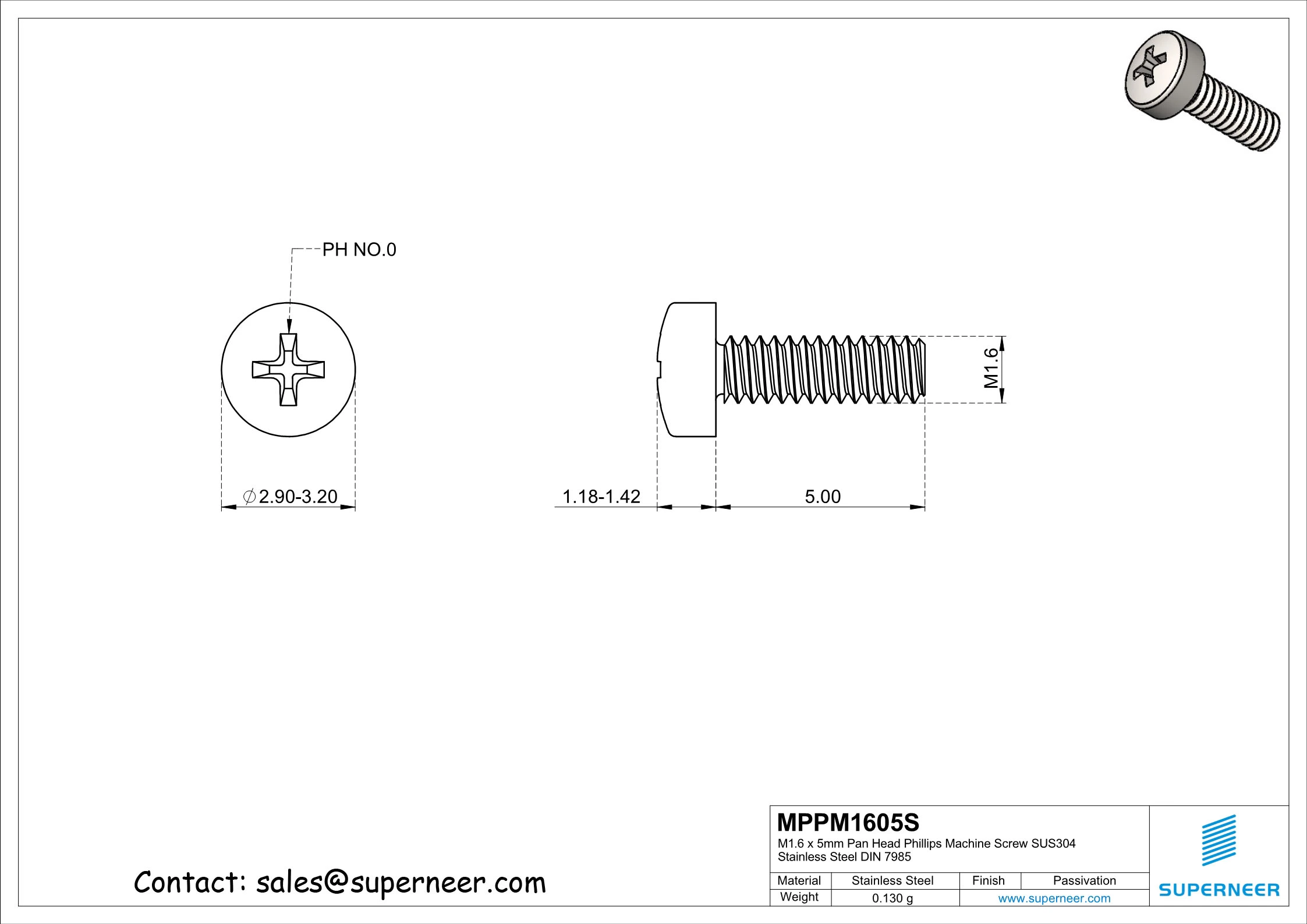 M1.6 x 5mm  Phillips Pan Head Screw SUS304 Stainless Steel Inox DIN 7985