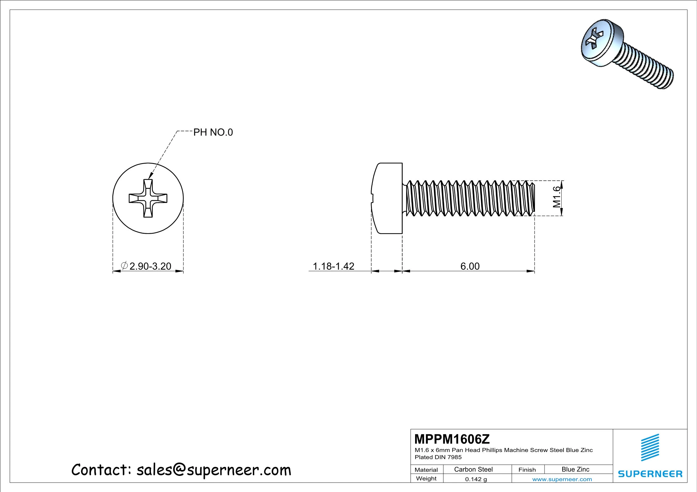 M1.6 x 6mm Pan Head Phillips Machine Screw Steel Blue Zinc Plated DIN 7985
