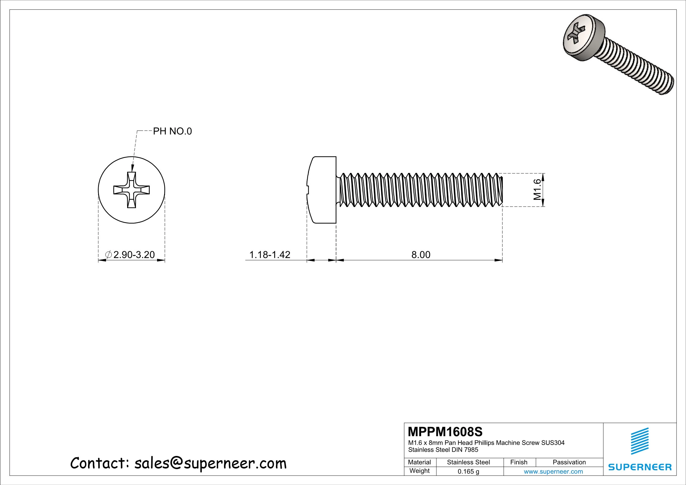 M1.6 x  8mm  Pan Head Phillips Machine Screw SUS304 Stainless Steel Inox DIN 7985