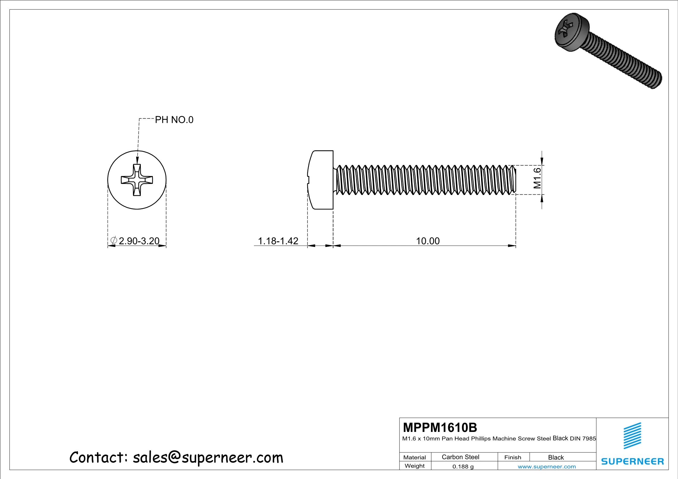 M1.6 x 10mm Pan Head Phillips Machine Screw Steel Black DIN 7985