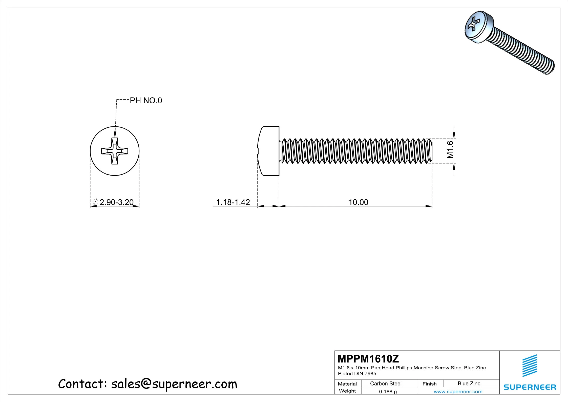 M1.6 x 10mm Pan Head Phillips Machine Screw Steel Blue Zinc Plated DIN 7985