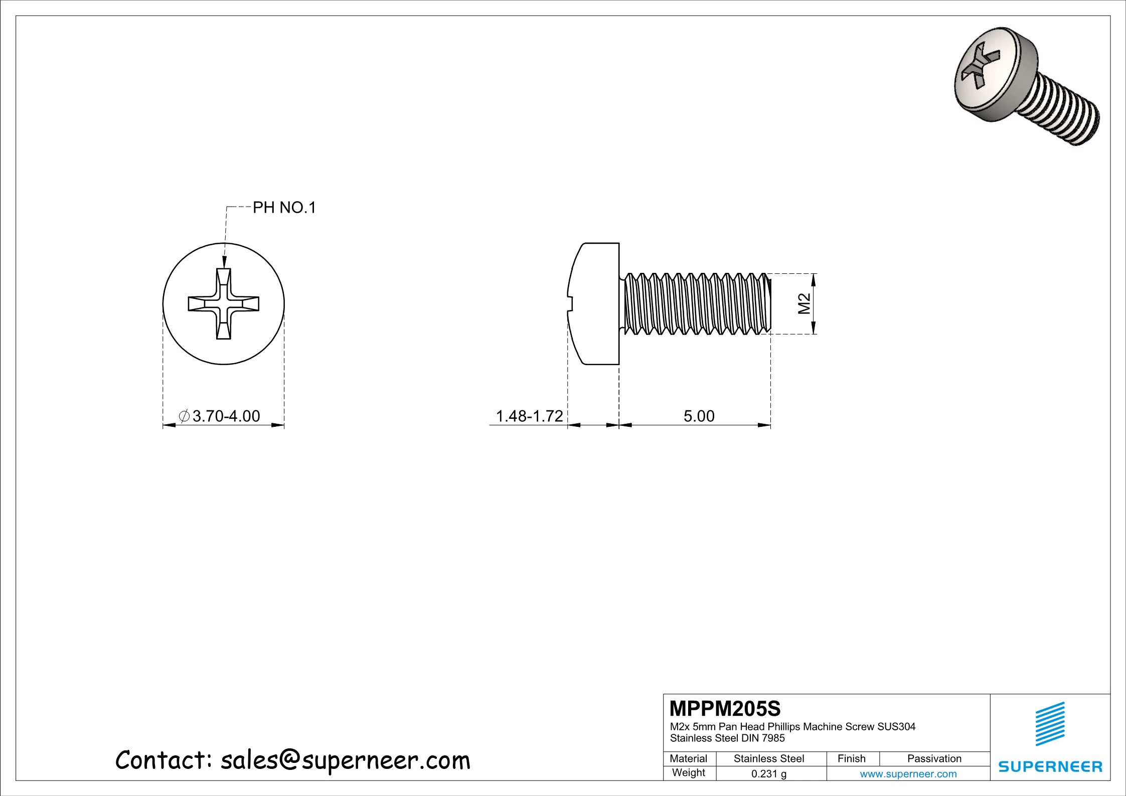 M2 x 5 mm  Phillips Pan Head Screw SUS304 Stainless Steel Inox DIN 7985