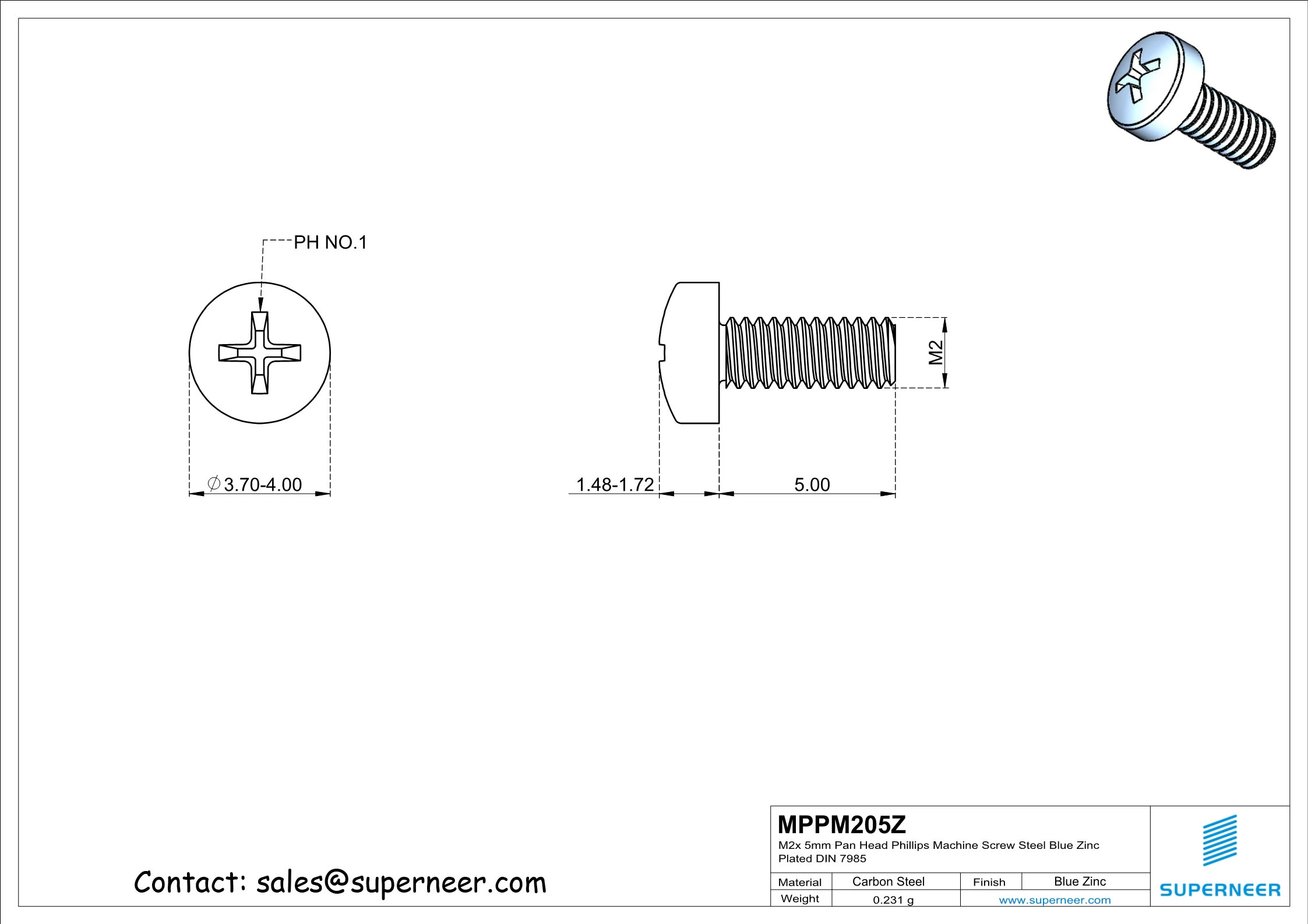 M2 x 5 mm Pan Head Phillips Machine Screw Steel Blue Zinc Plated DIN 7985