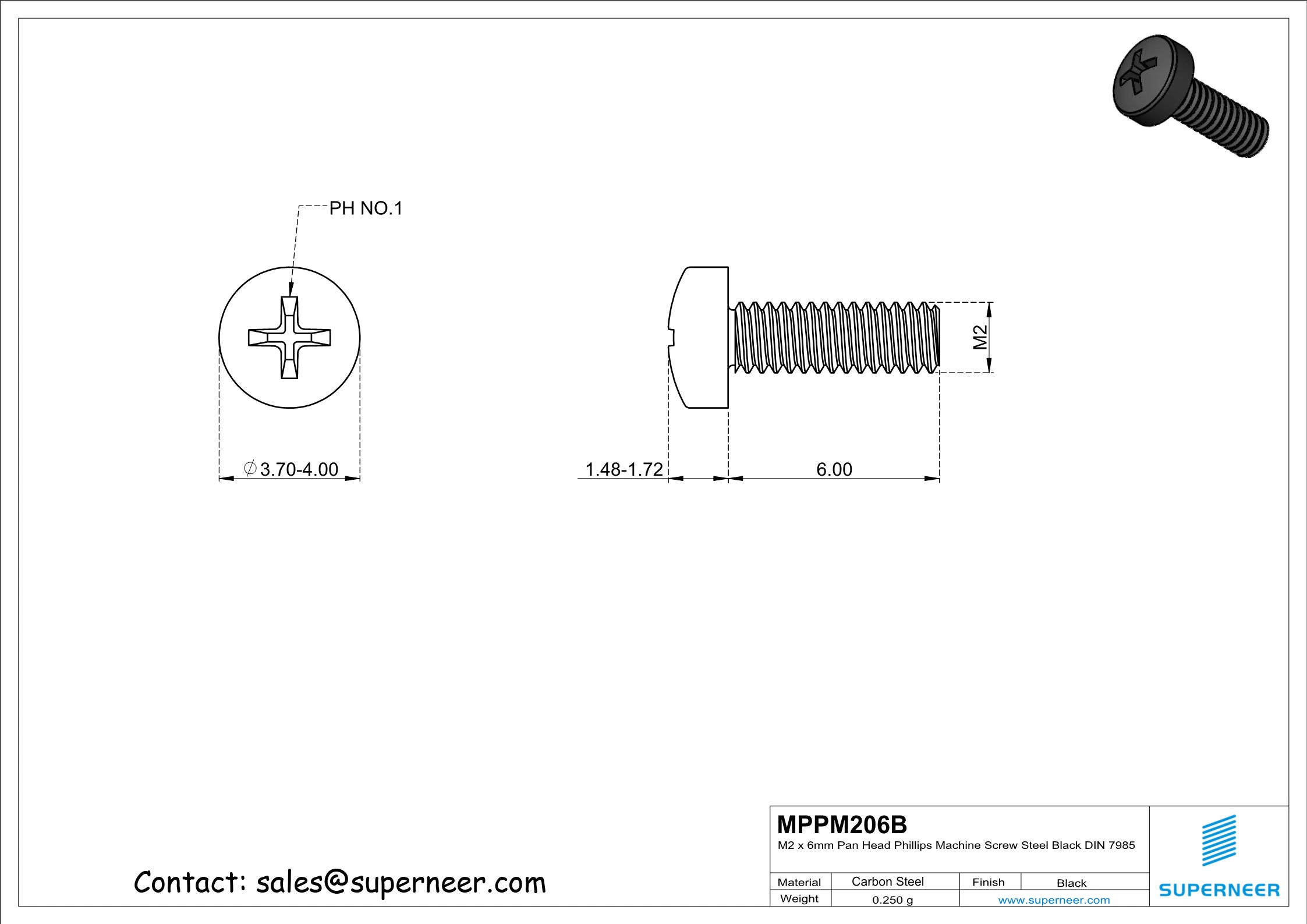 M2 x 6 mm Pan Head Phillips Machine Screw Steel Black DIN 7985