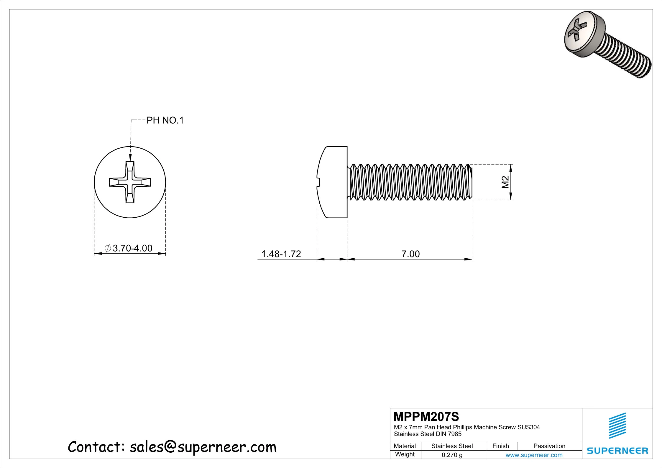 M2 x 7 mm  Pan Head Phillips Machine Screw SUS304 Stainless Steel Inox DIN 7985